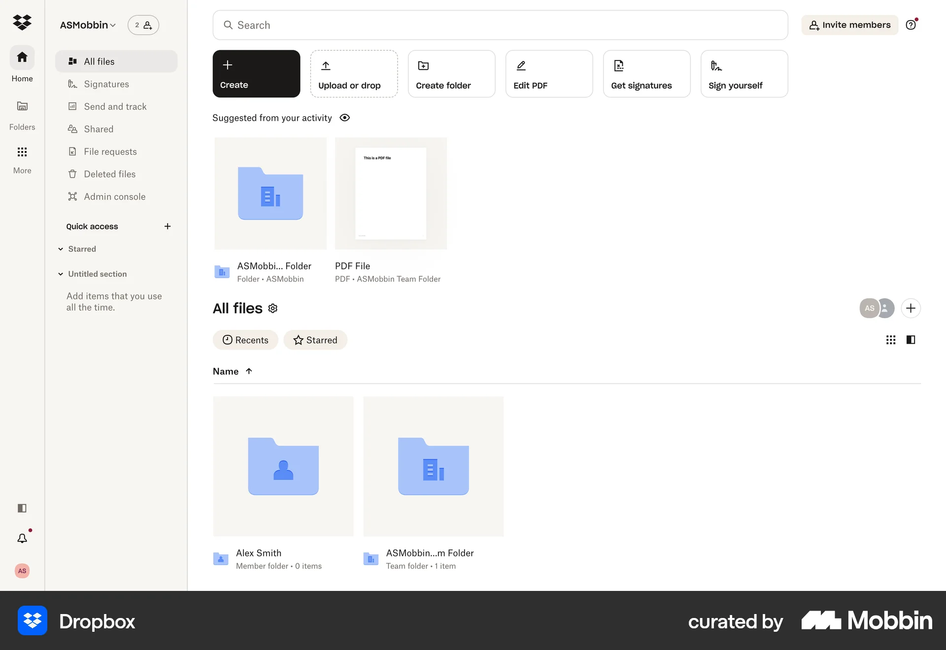 Dropbox Web Home screen