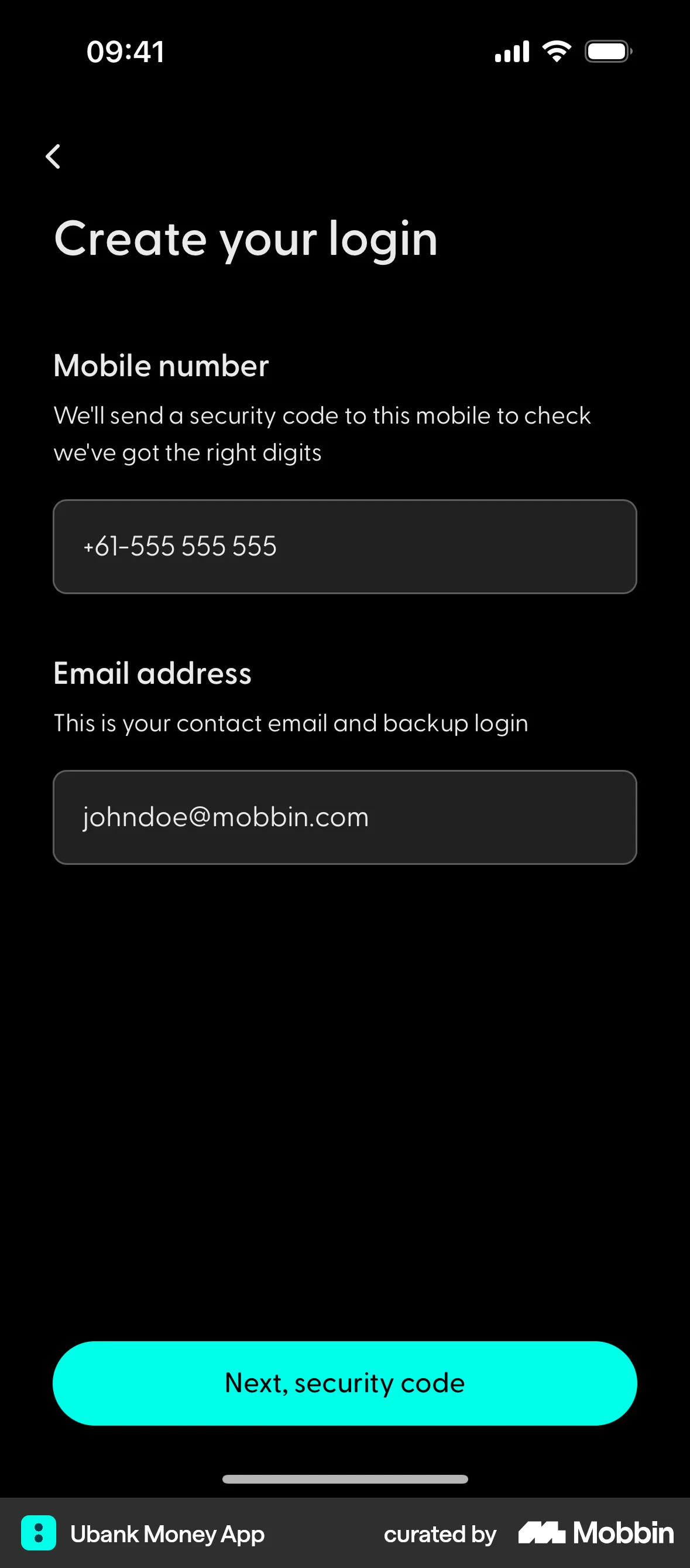 Ubank Money App iOS Signup screen