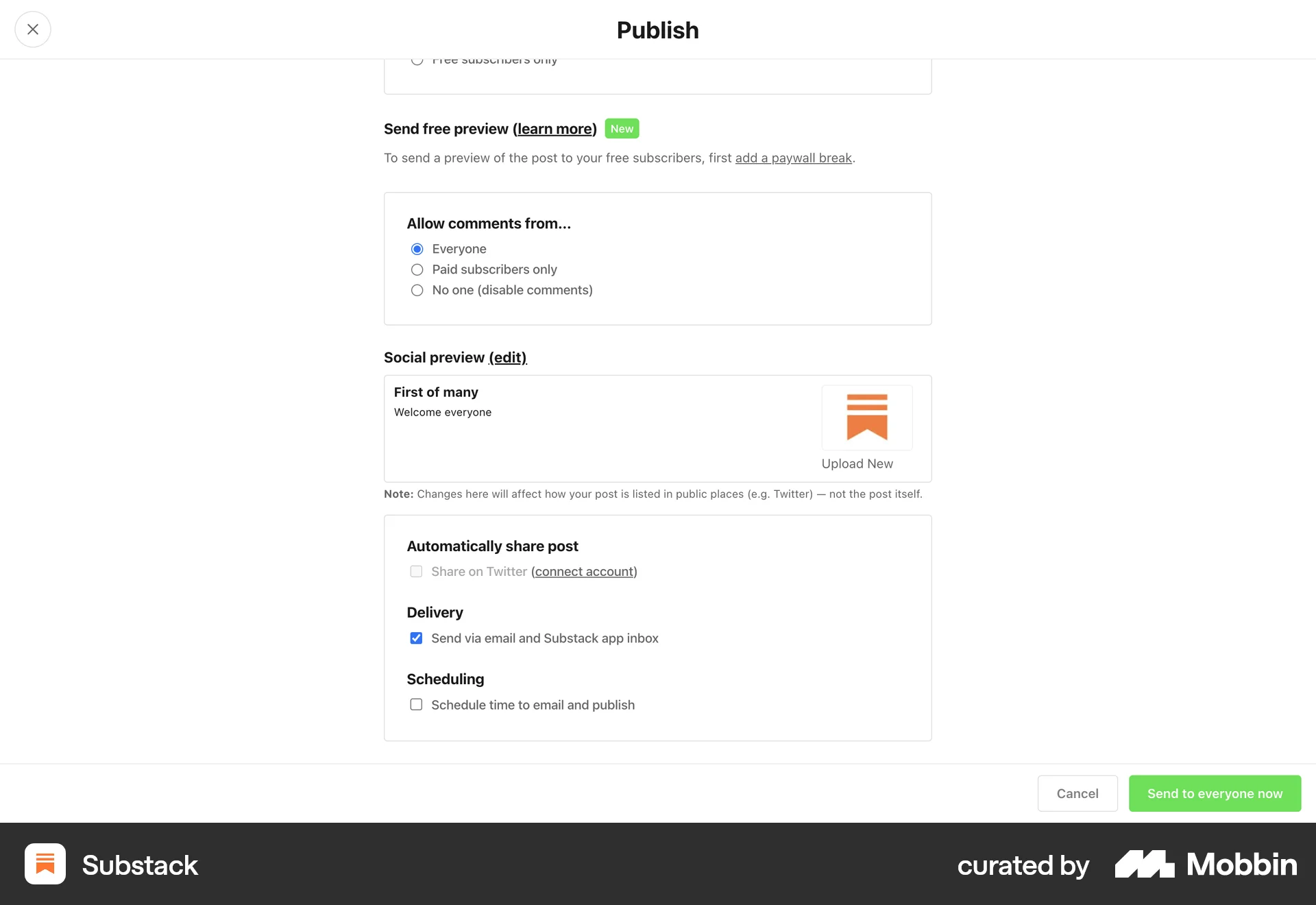 Substack Web screen containing File Upload UI element