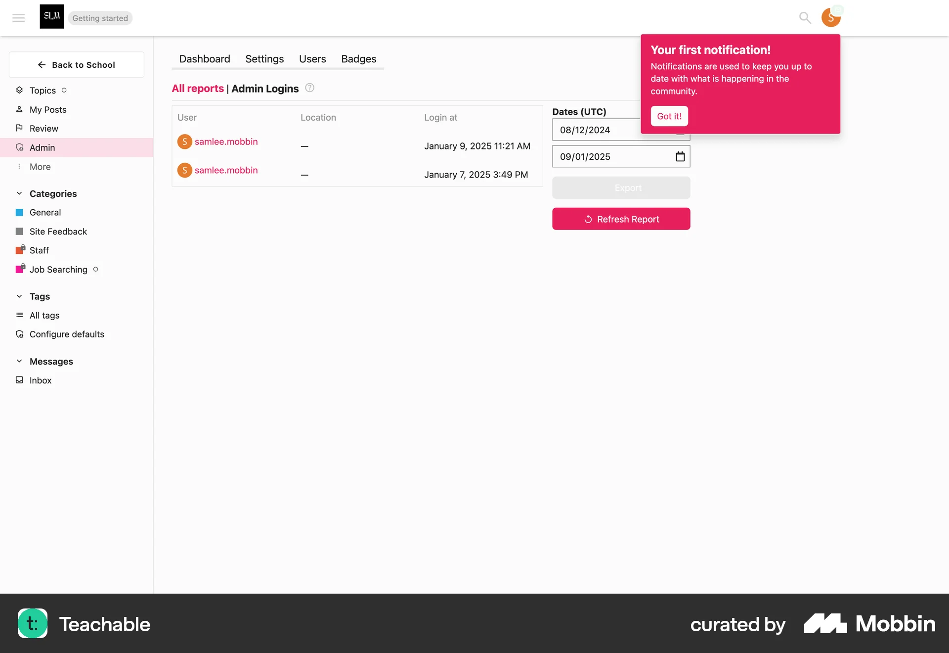 Teachable Web Admin Dashboard screen
