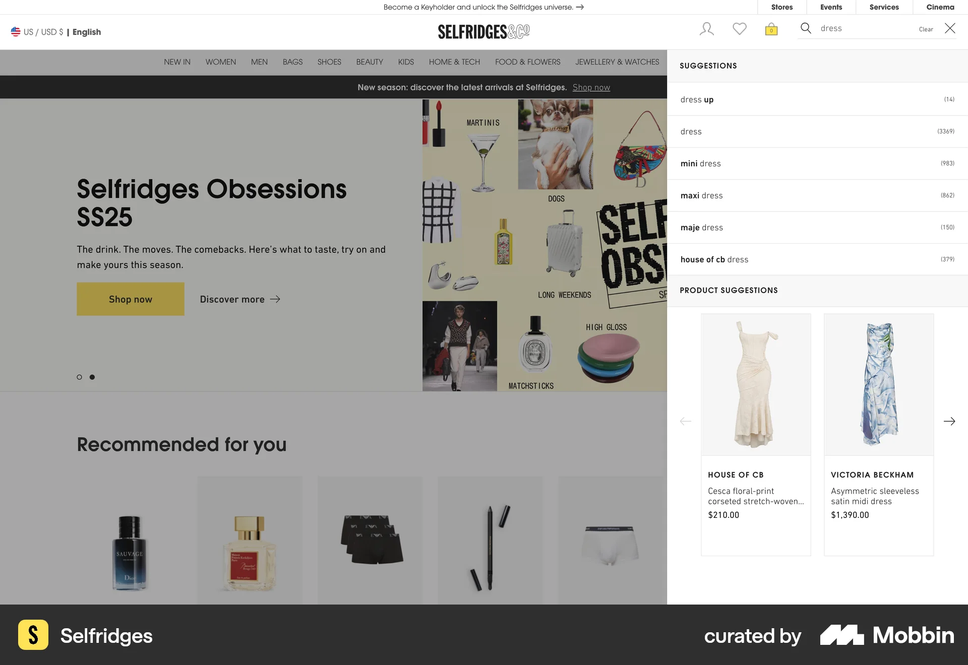 Selfridges Web screen containing Drawer UI element