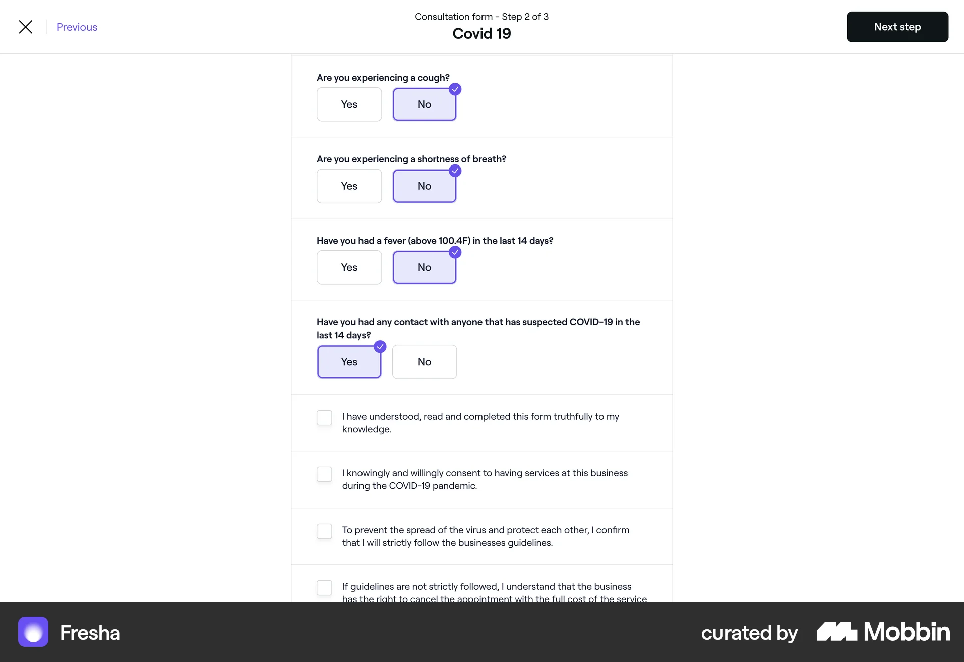 Fresha Web Quiz screen