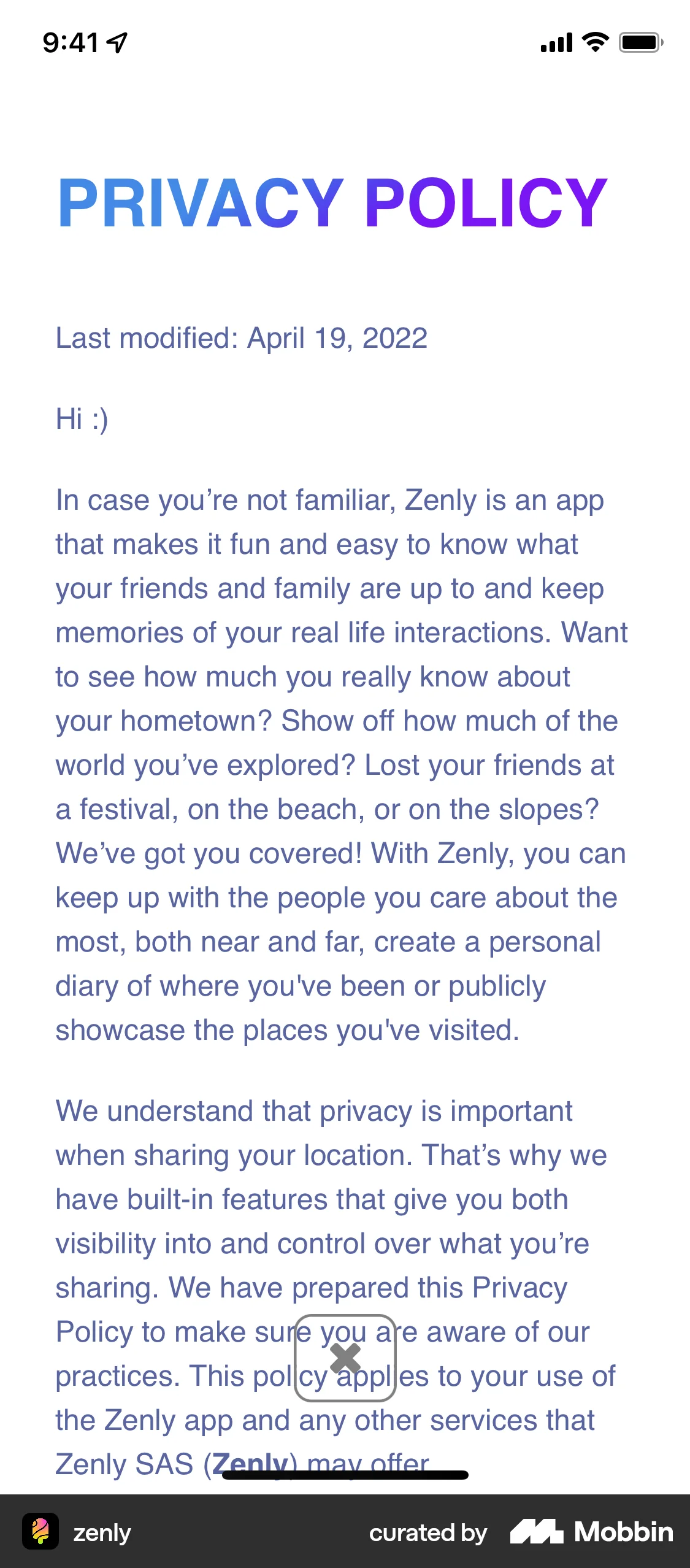 zenly iOS Privacy Policy screen