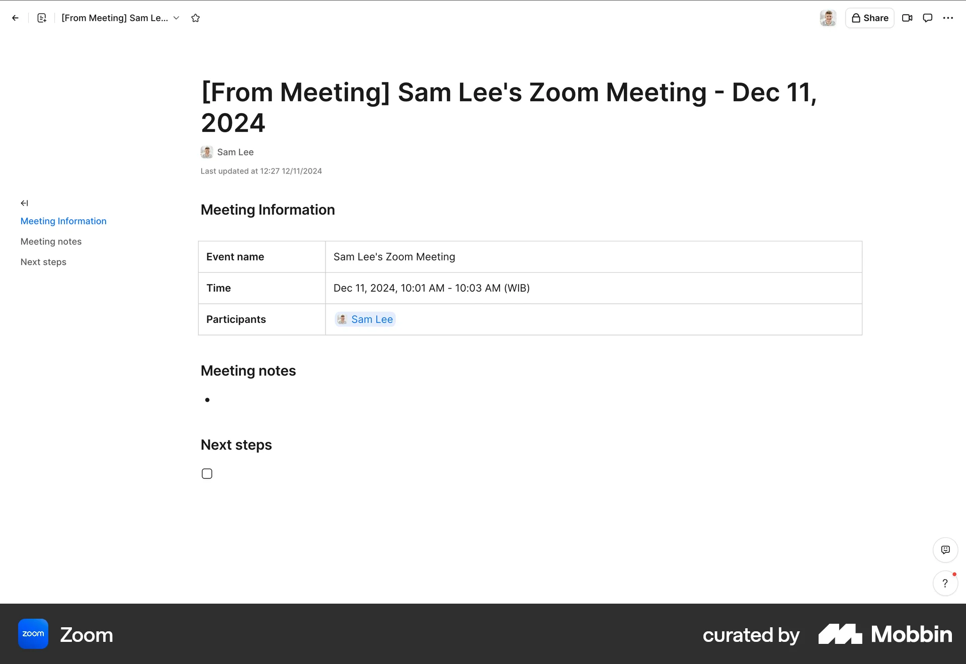 Zoom Web screen containing Table of Contents UI element
