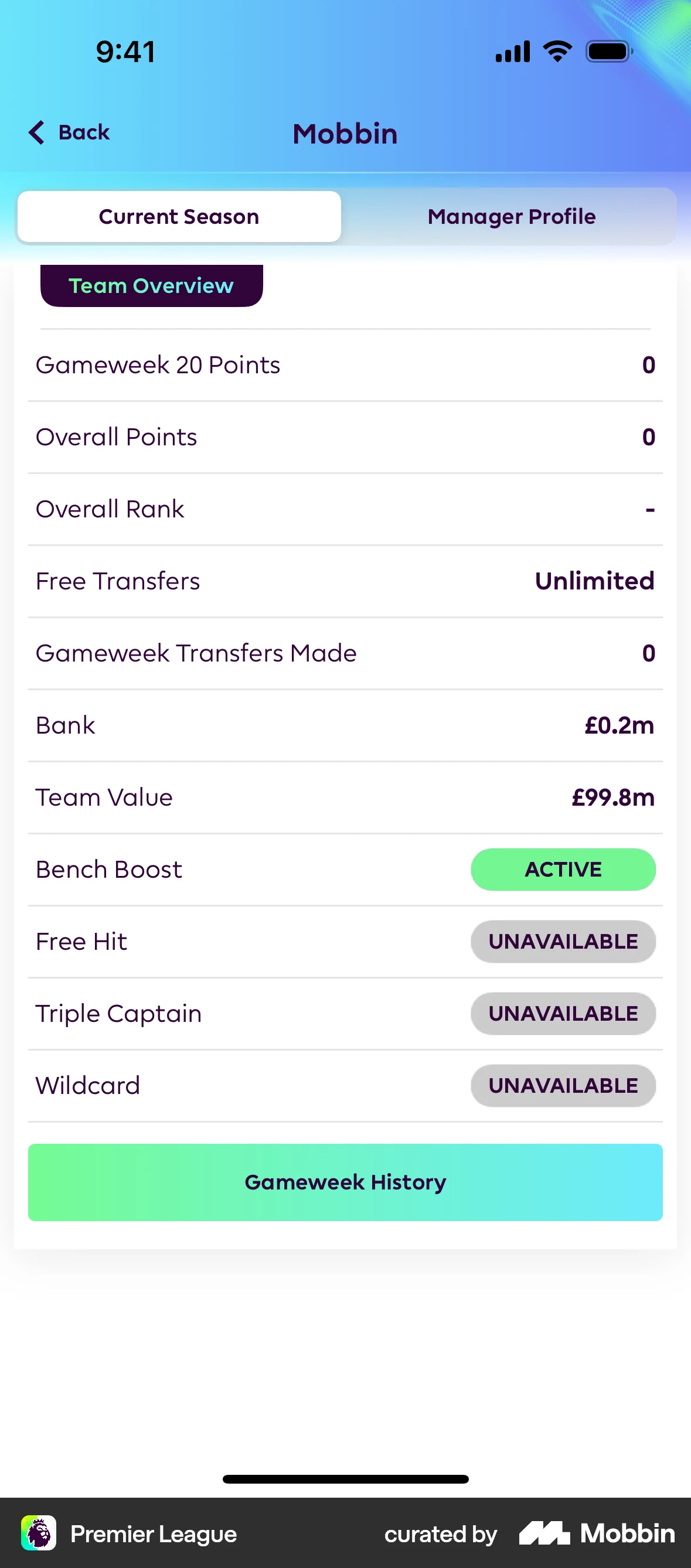 Premier League iOS User / Group Profile screen