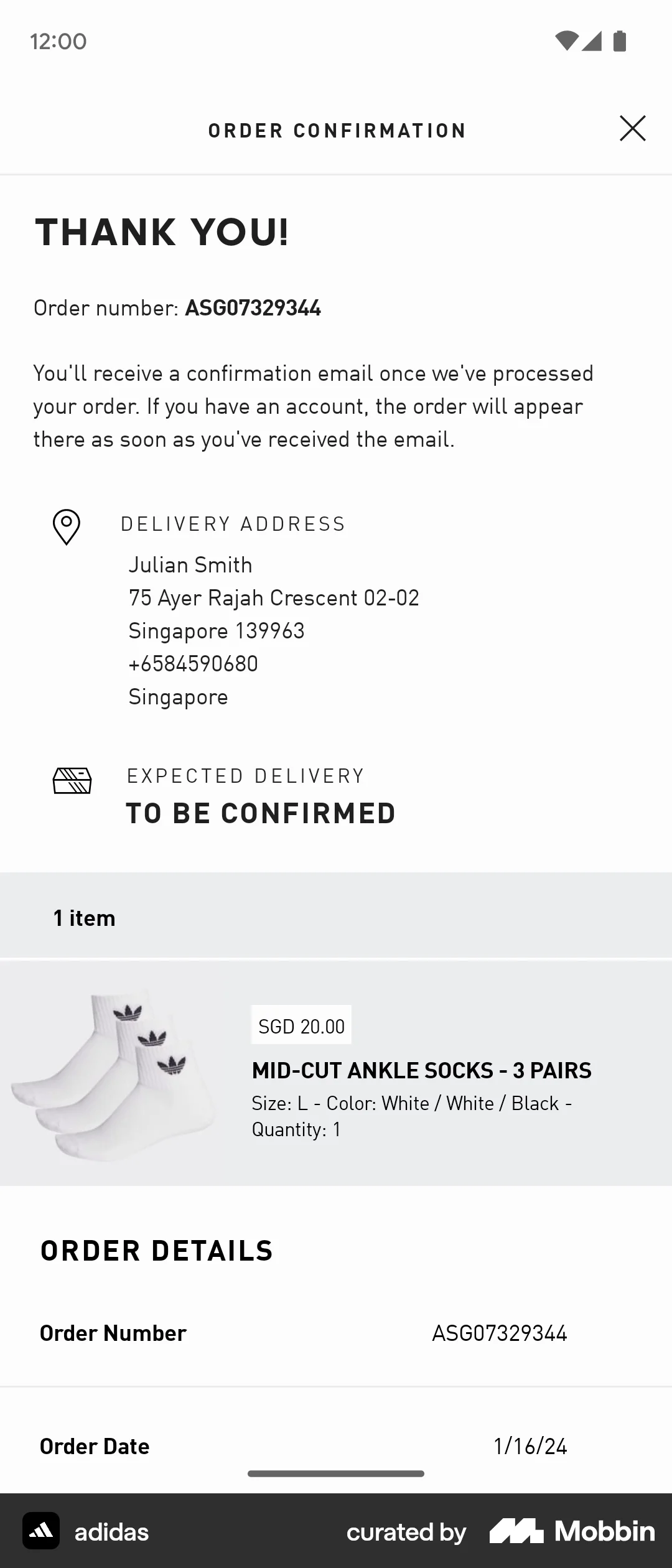 adidas Android Order Confirmation screen