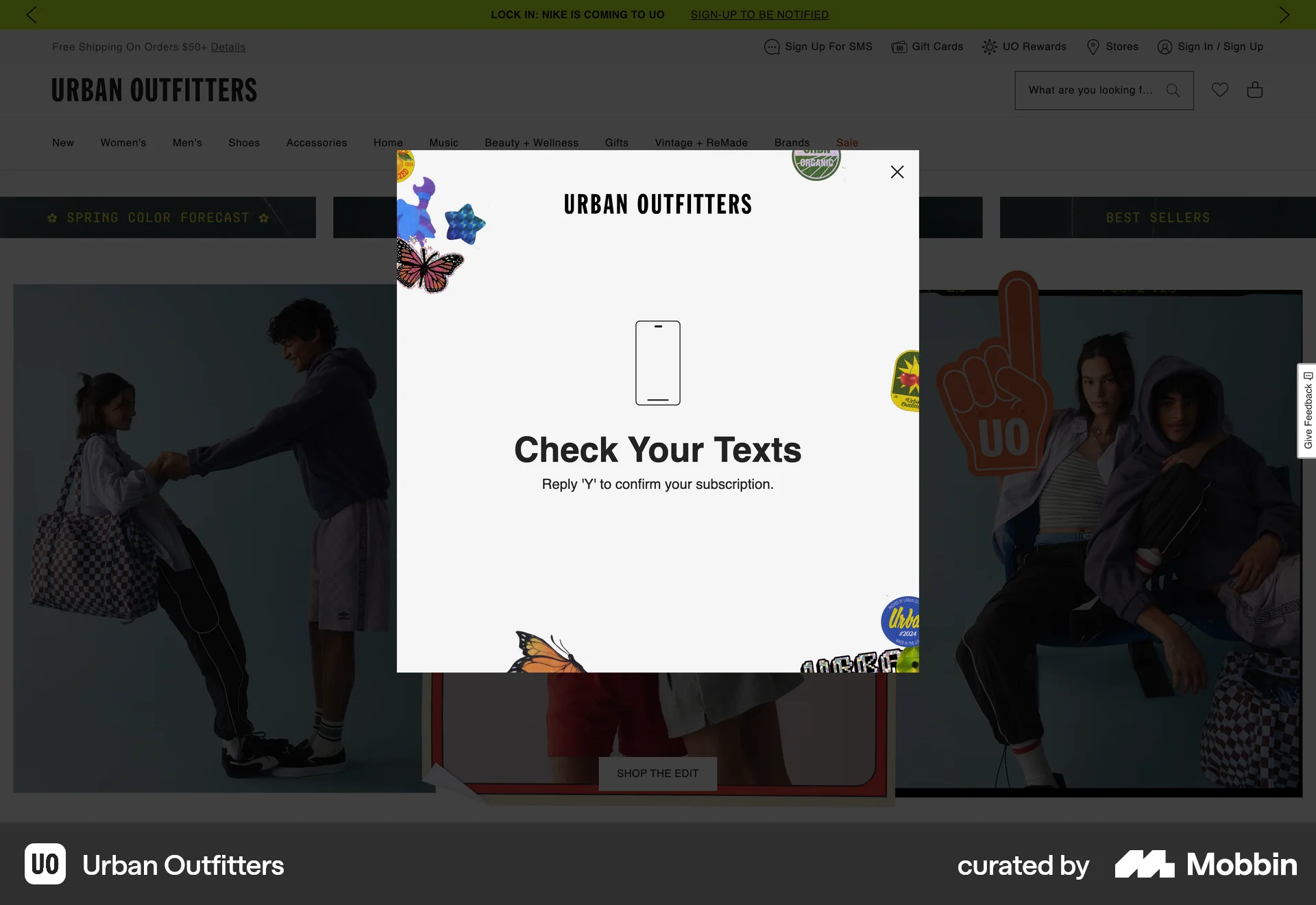 Urban Outfitters Web screen containing Modal UI UI element
