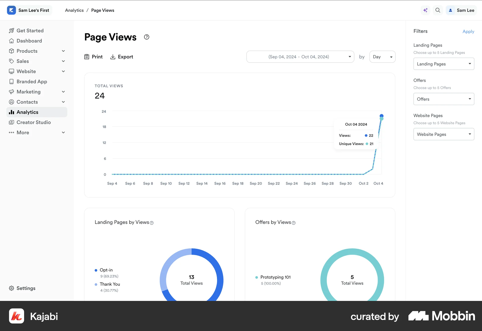 Kajabi Web Charts screen