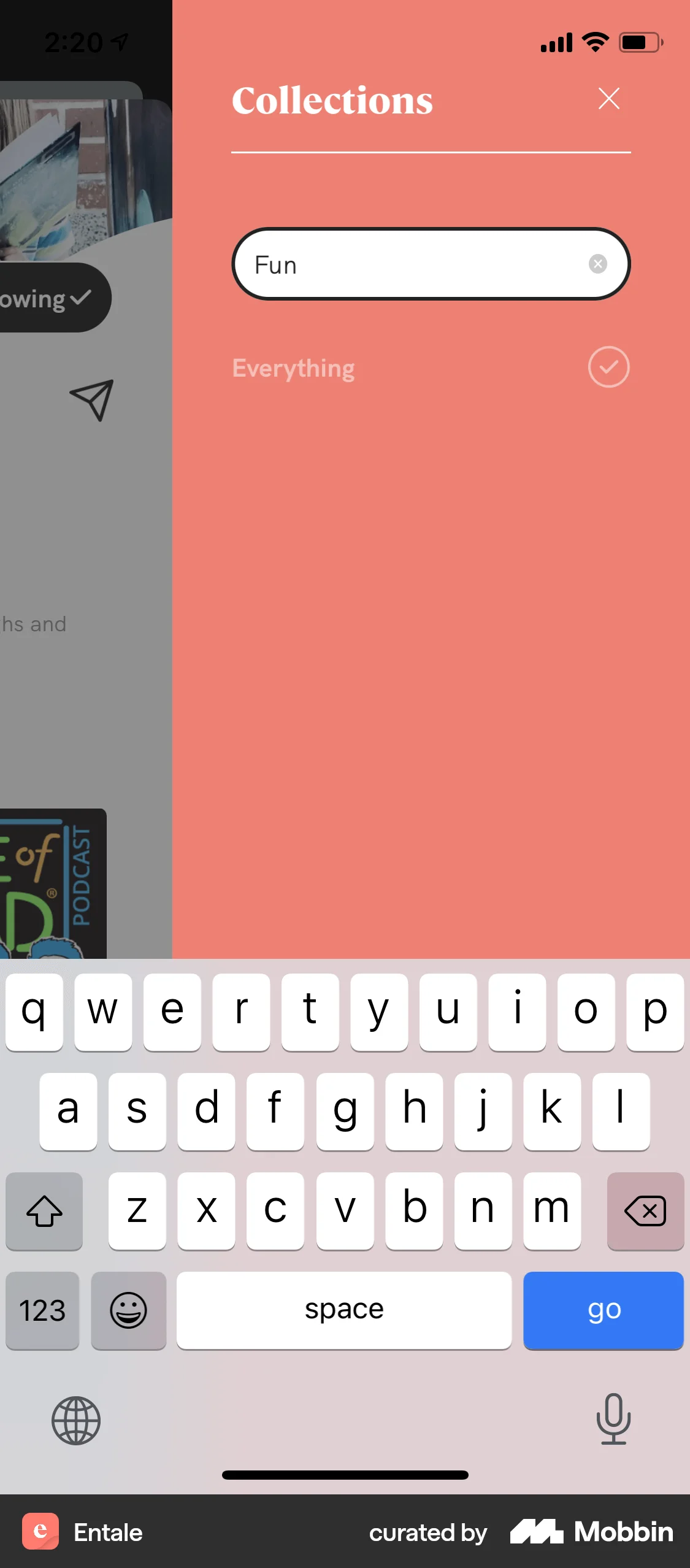 Entale iOS screen containing Drawer UI element