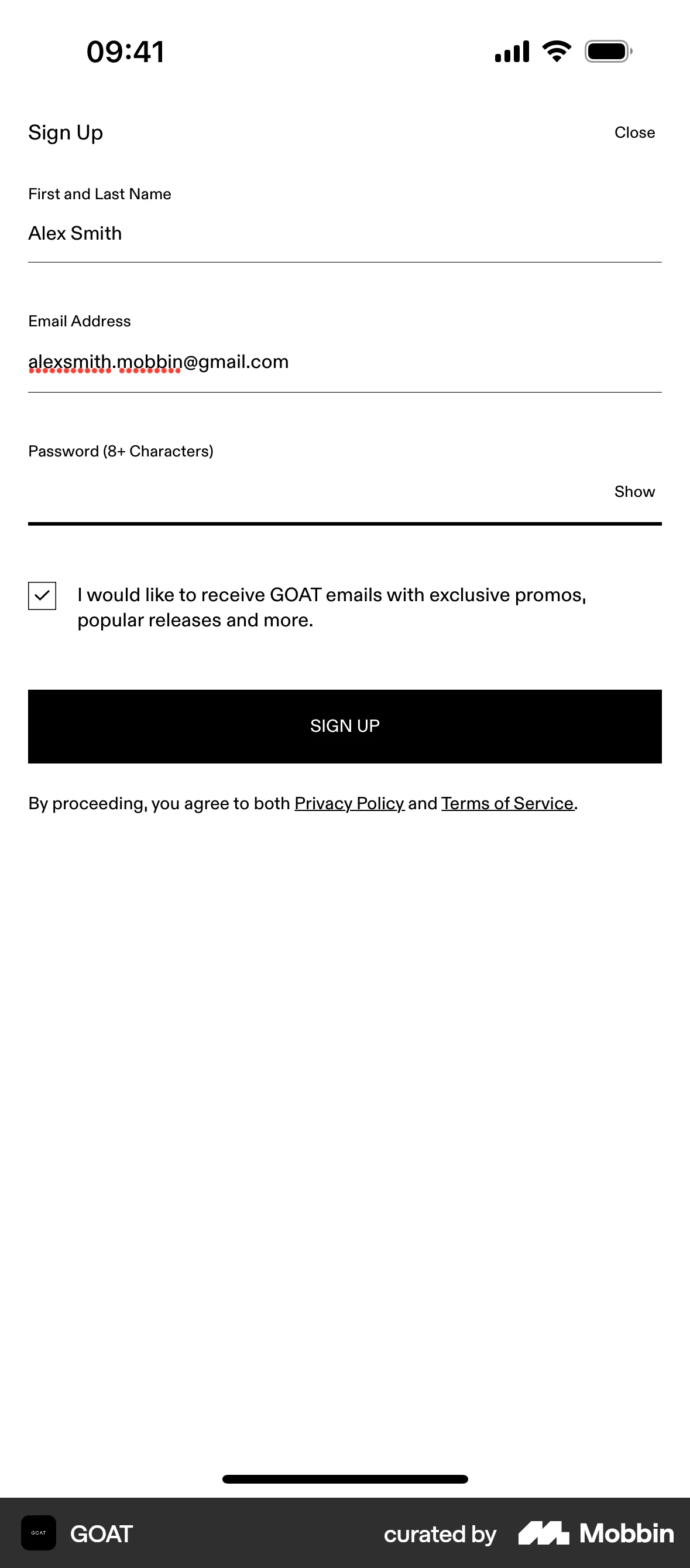 GOAT iOS screen containing Checkbox UI element