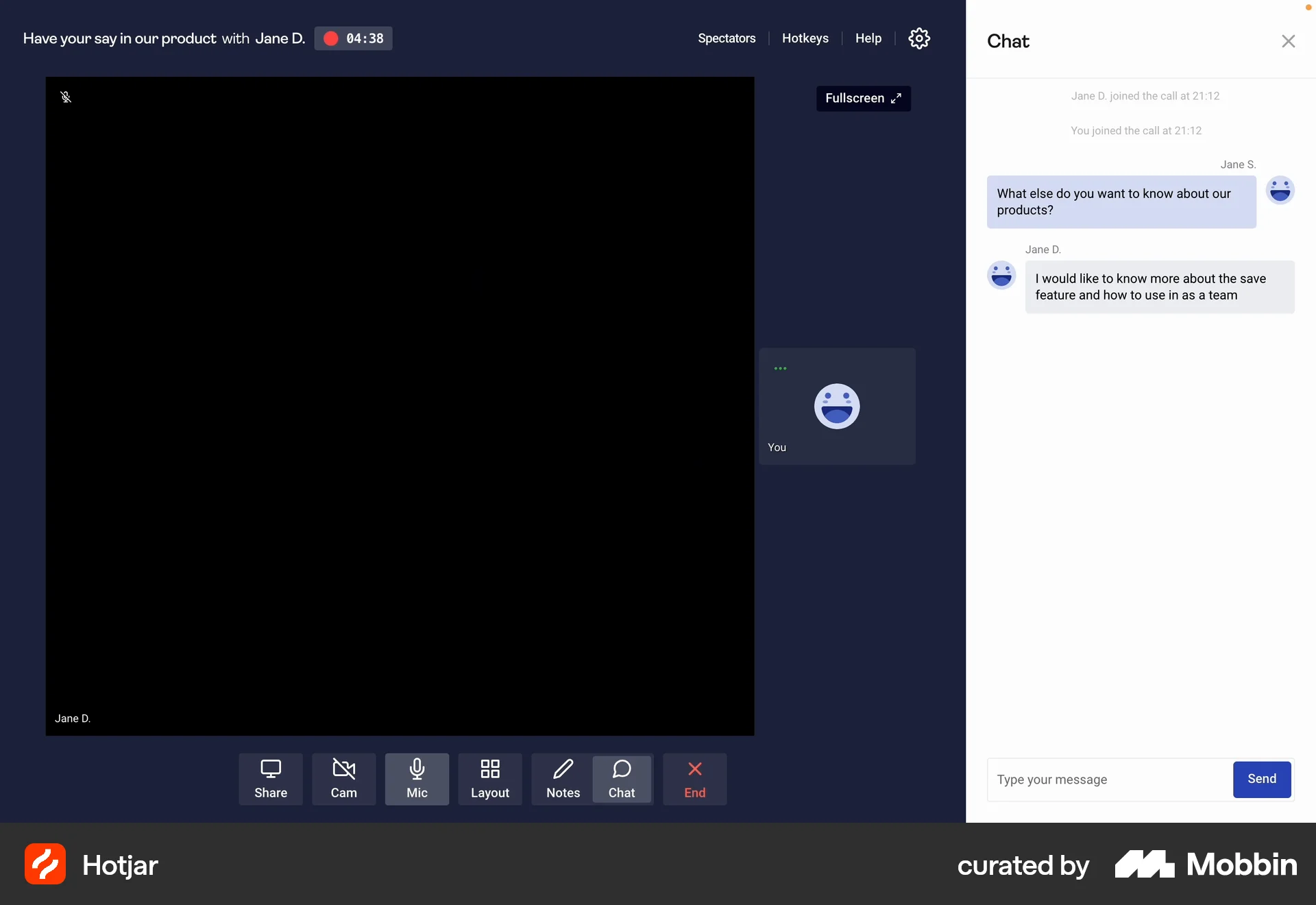 Hotjar Web Call screen