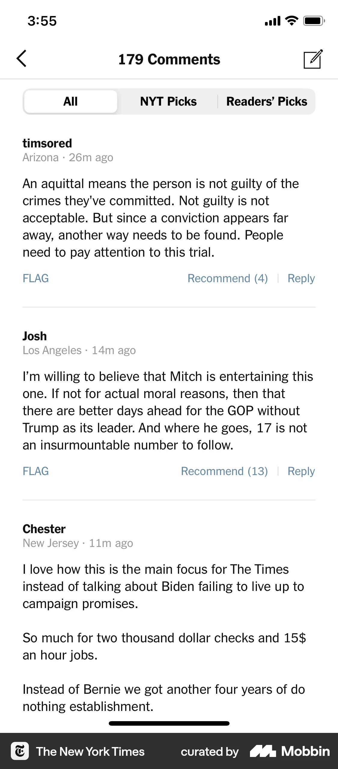 The New York Times iOS Comments screen