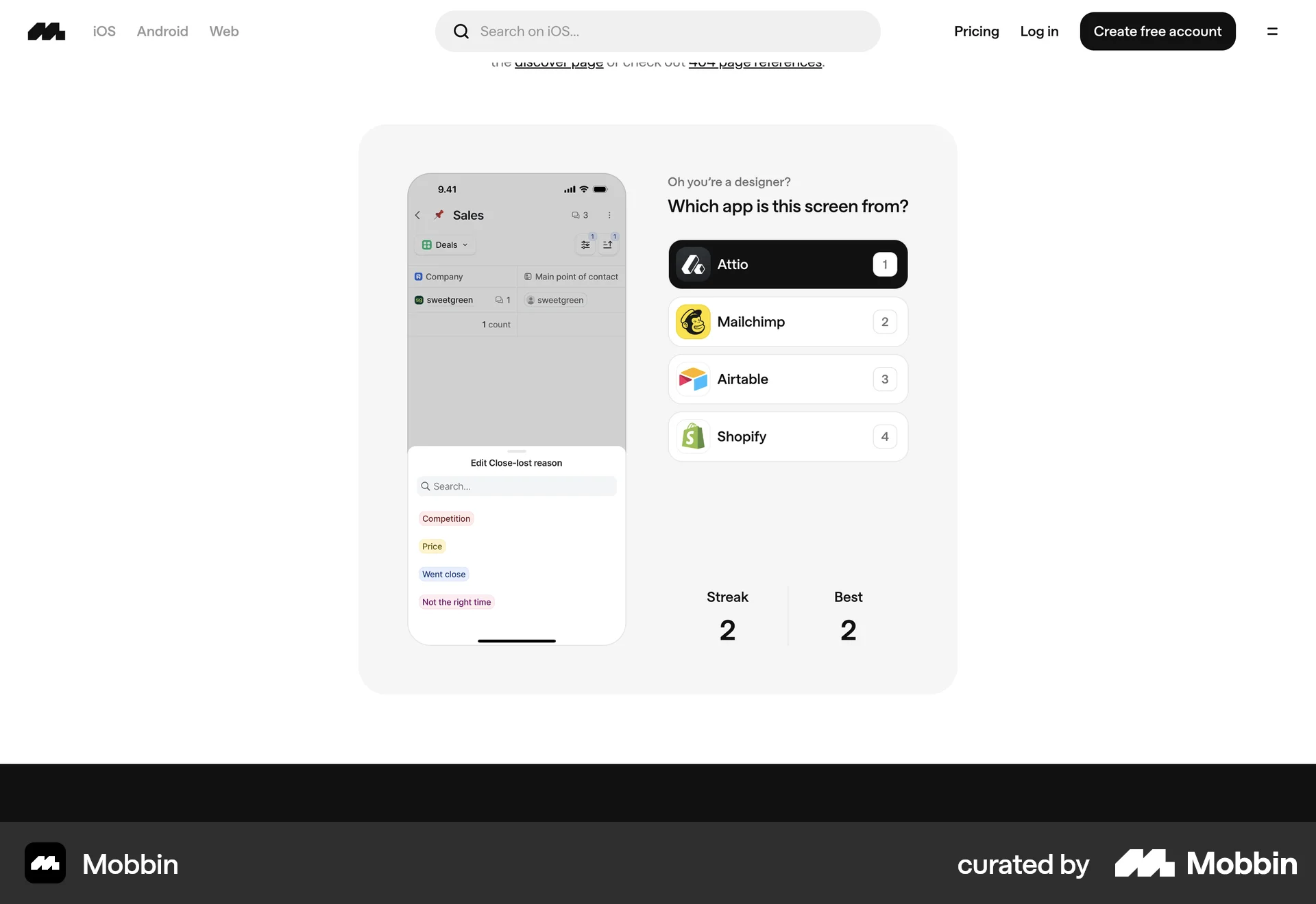 Mobbin Web Quiz screen
