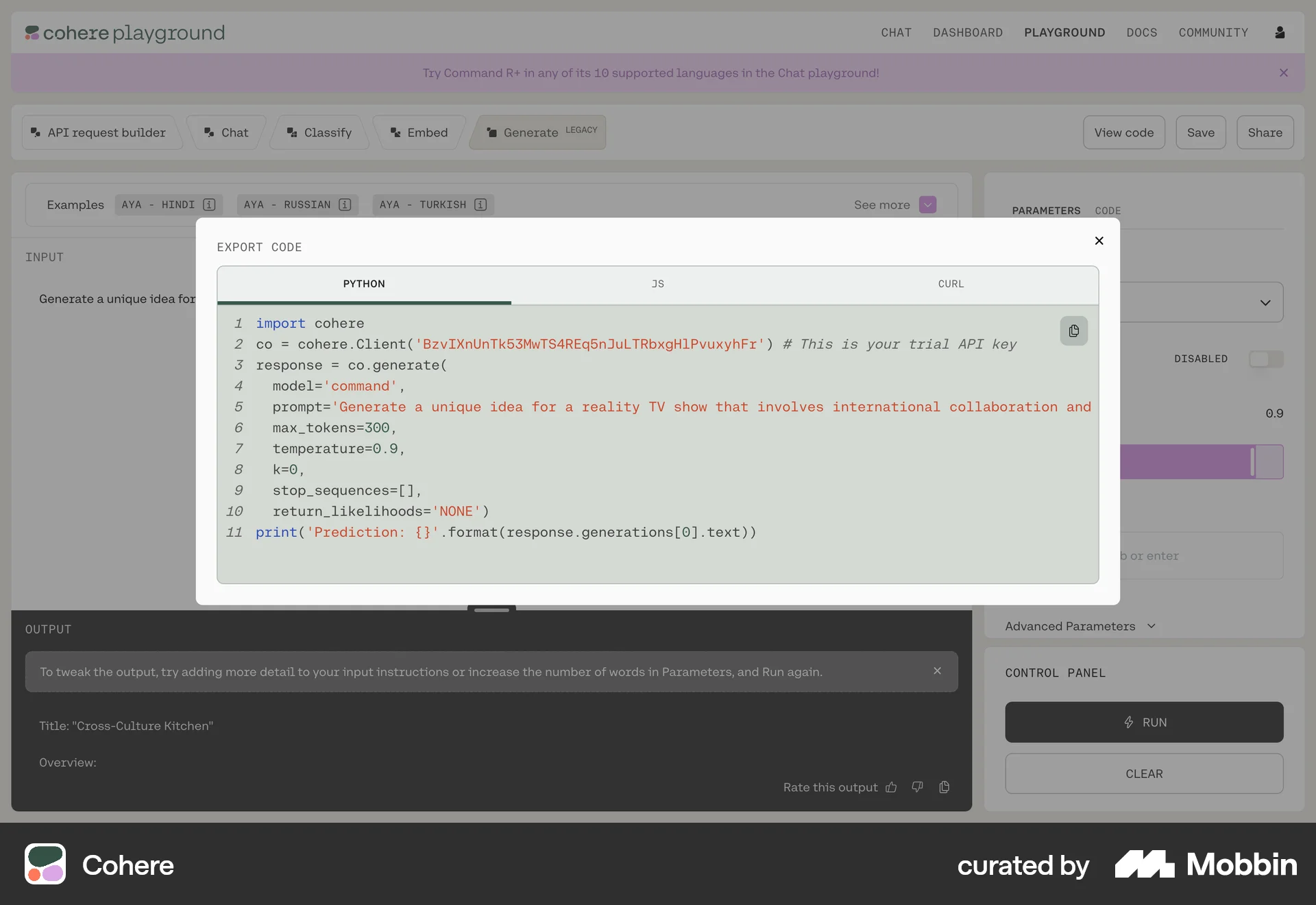 Cohere Web Code Editor screen