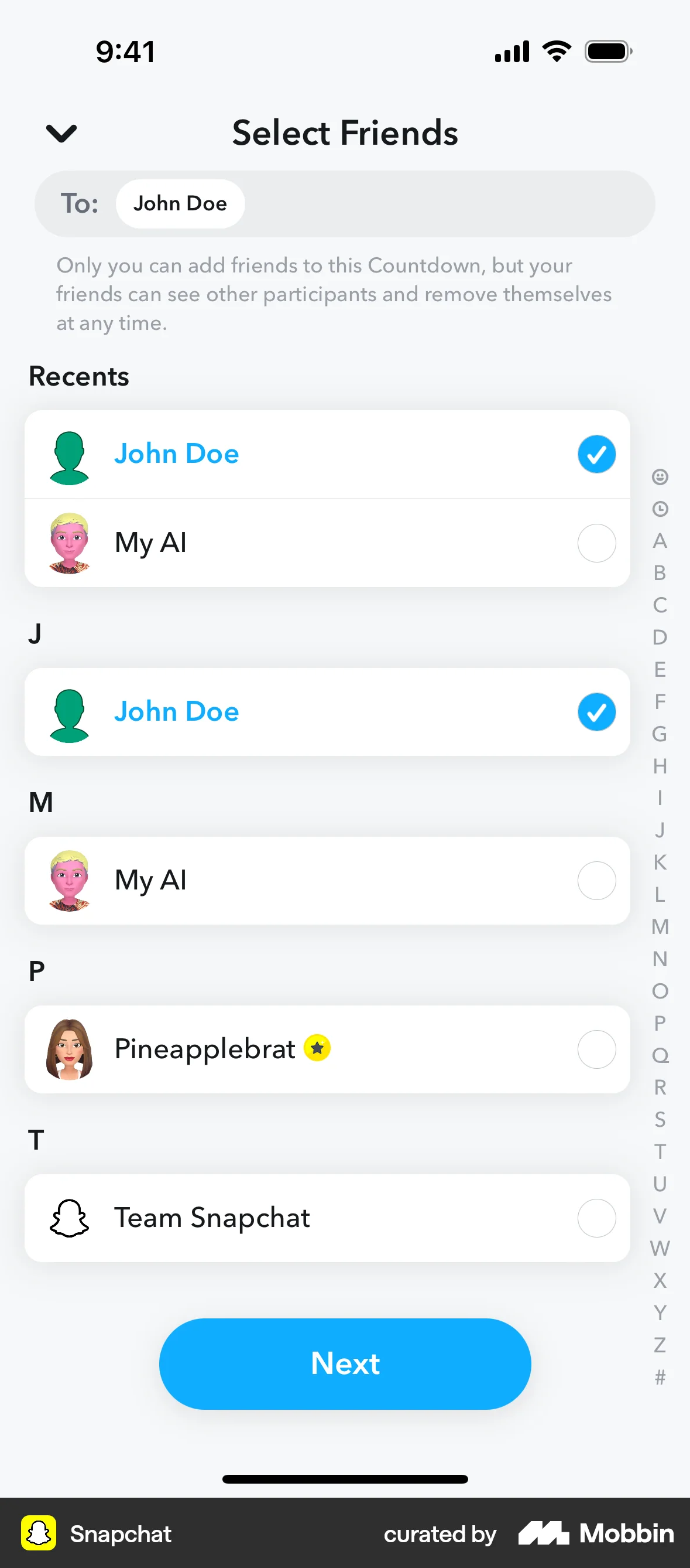 Snapchat iOS Invite Teammates screen