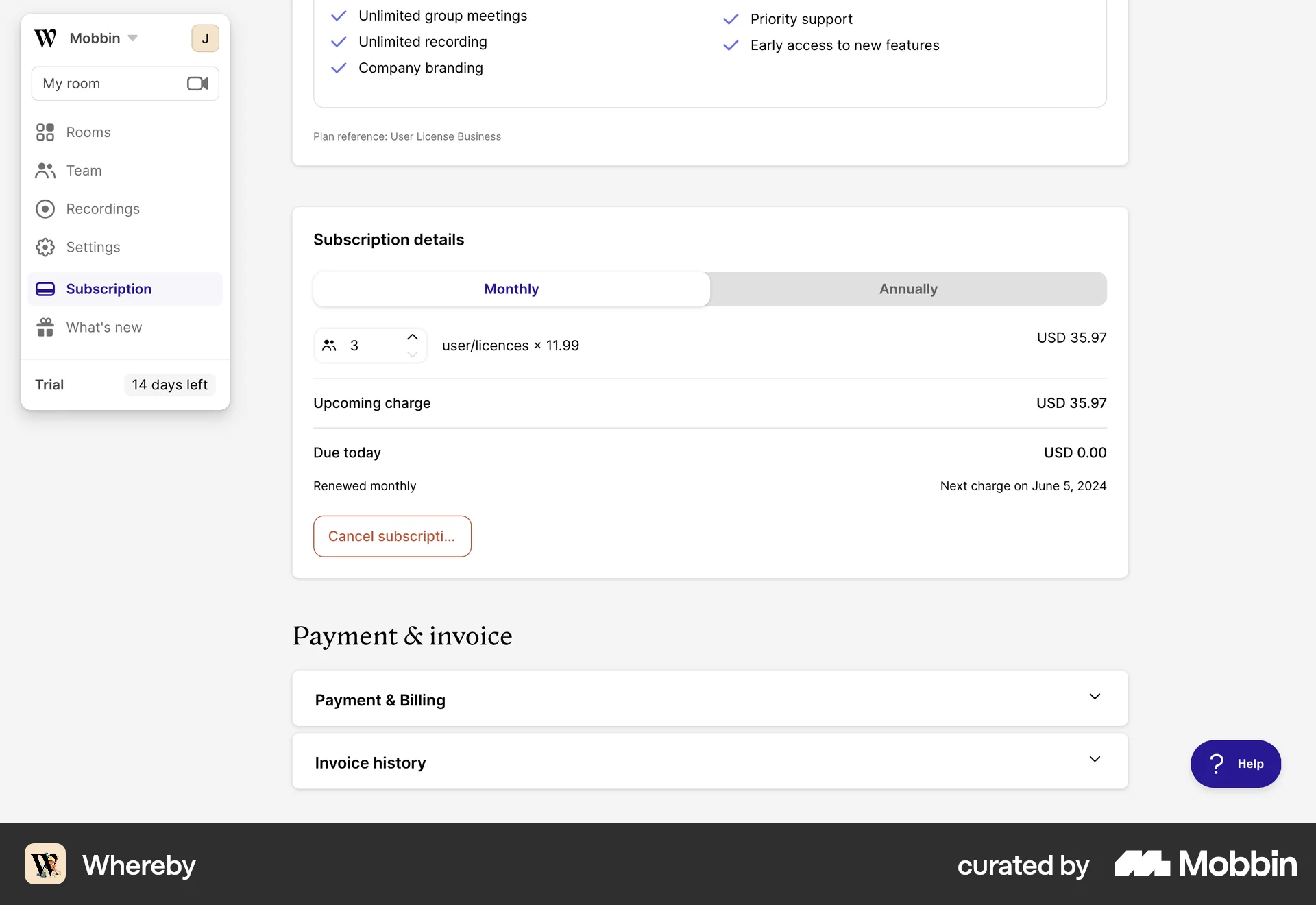 Whereby Web Billing screen