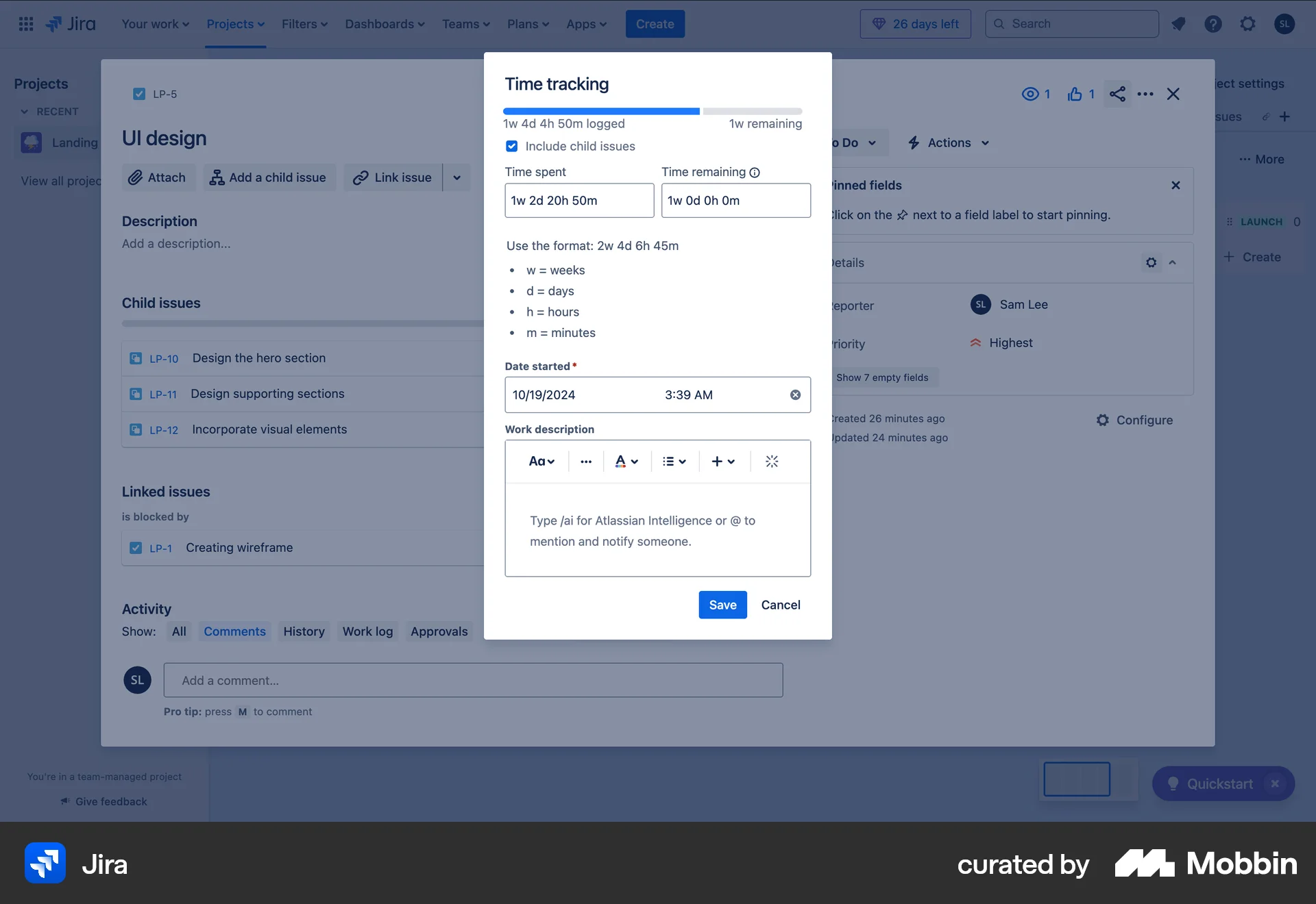 Jira Web Time Tracker screen