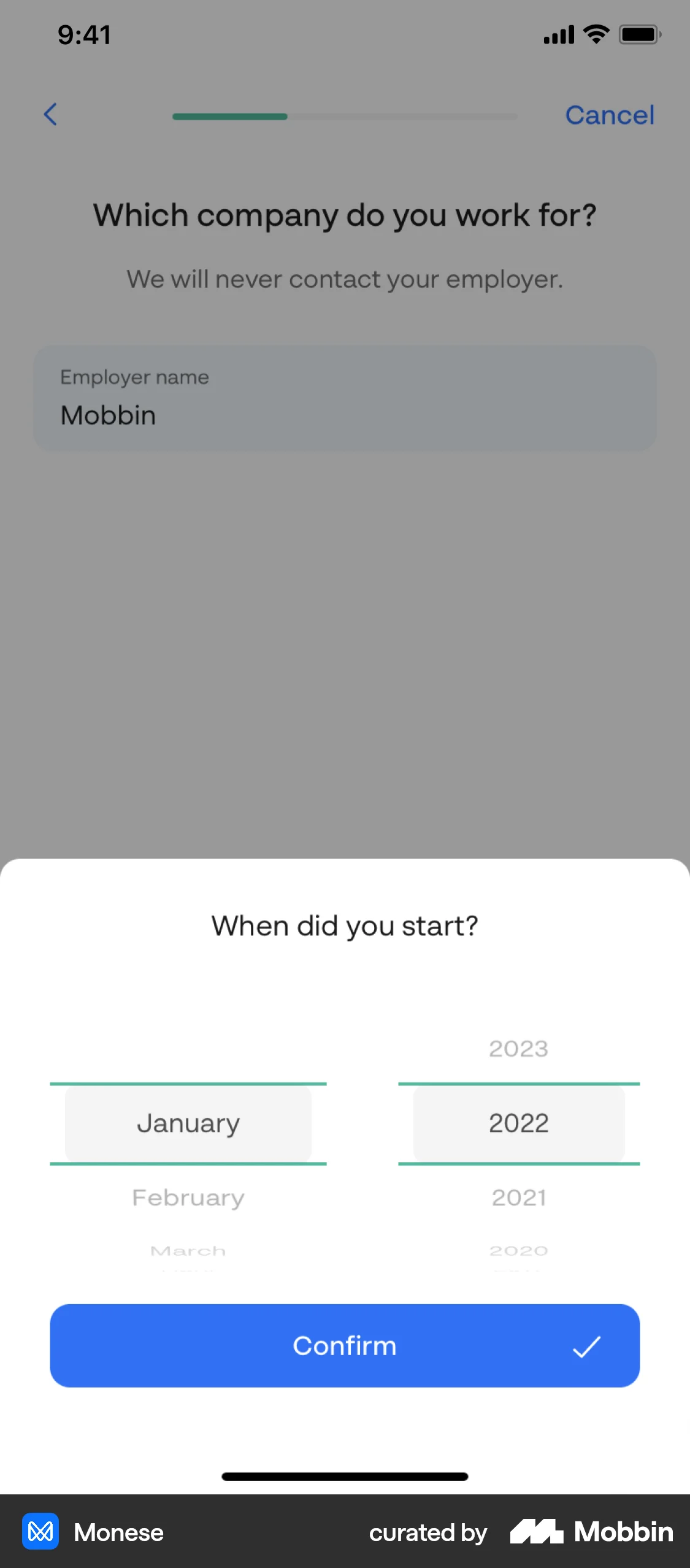 Monese iOS screen containing Date Picker UI element