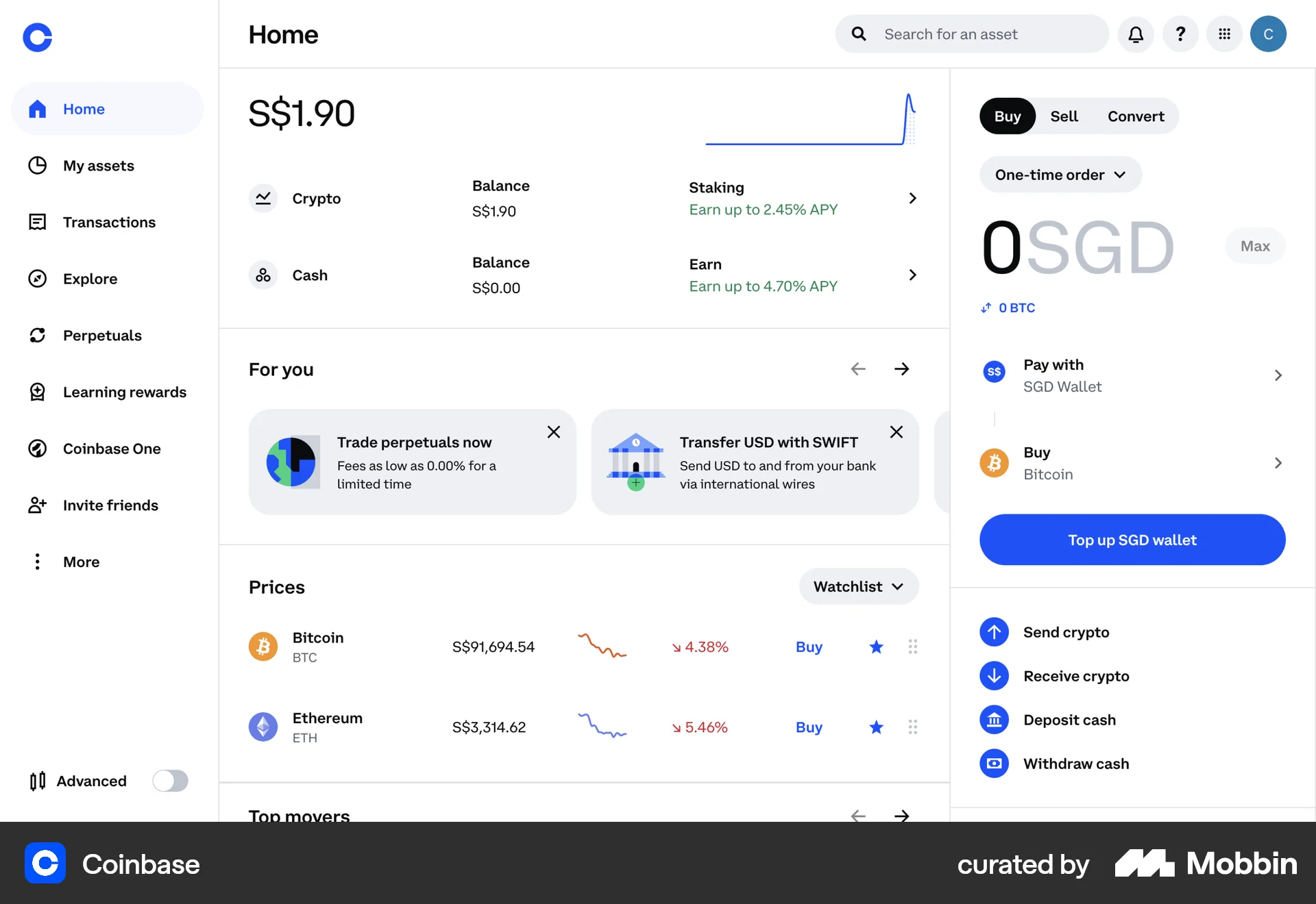 Coinbase Web Home screen