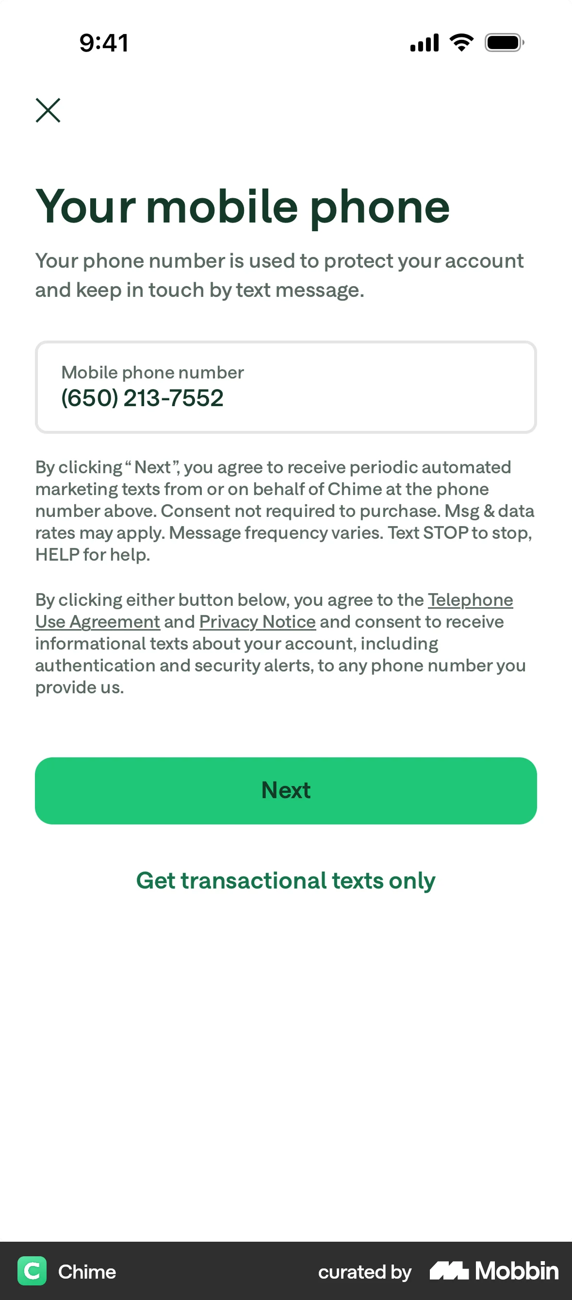 Chime Onboarding screen
