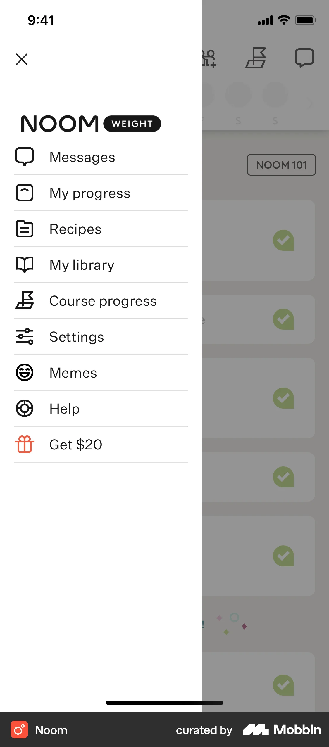 Noom iOS screen containing Side Navigation UI element