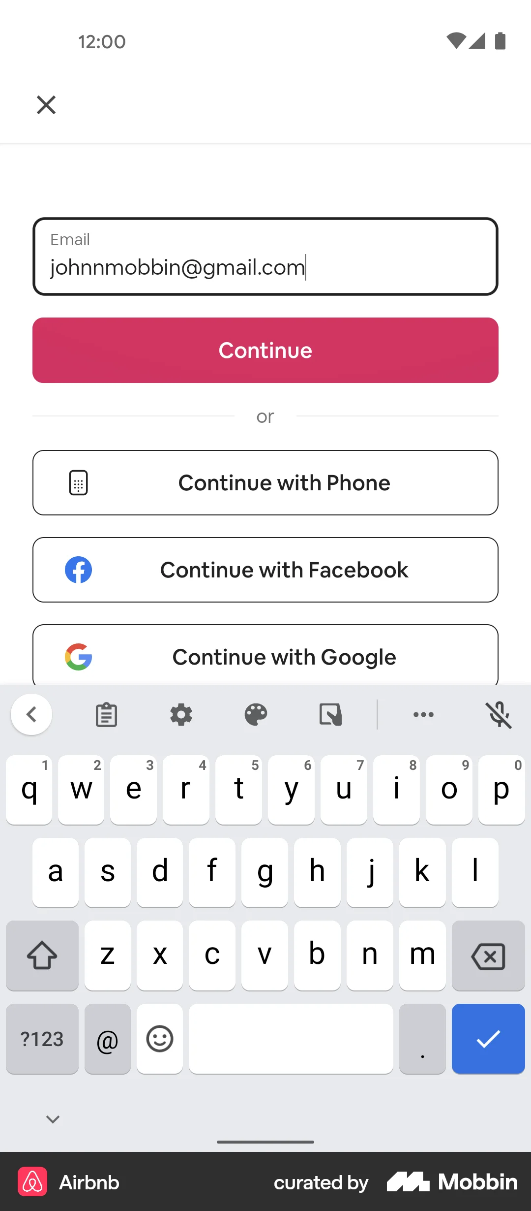 Airbnb Android Signup screen