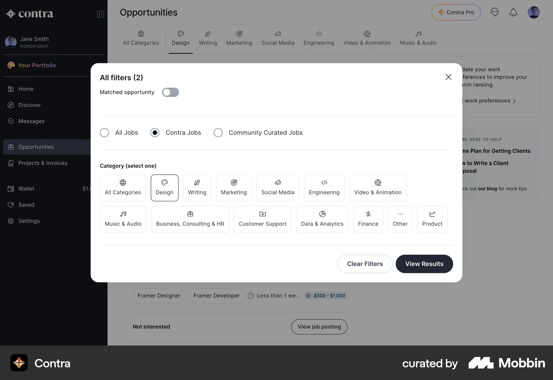 Contra Web screen containing Radio Button UI element