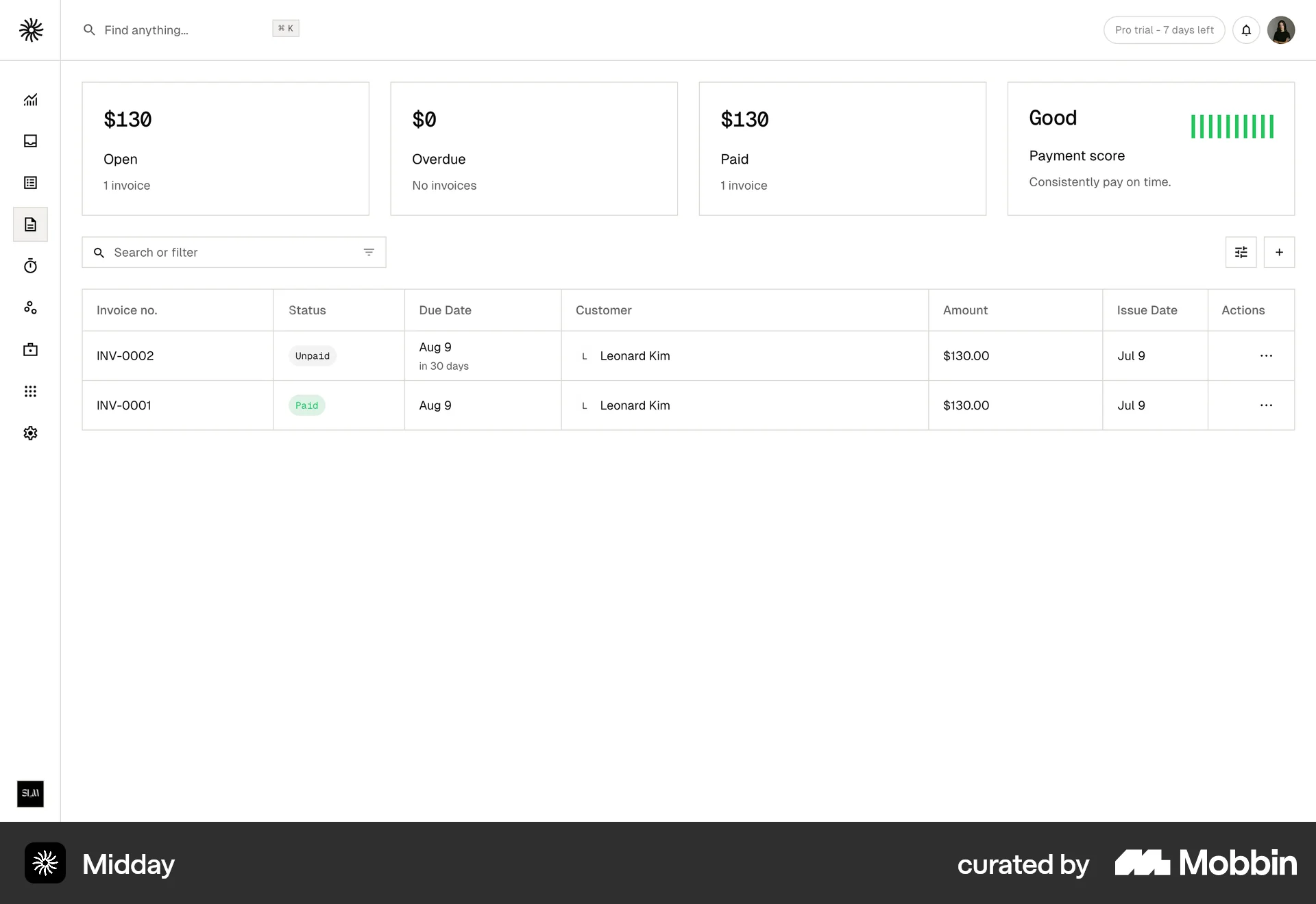 Midday Web Dashboard screen