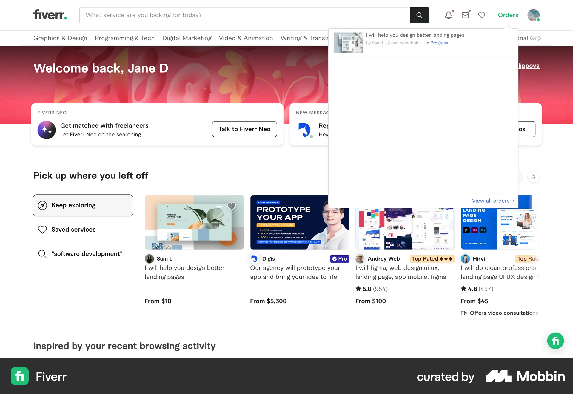 Fiverr Web Order History screen