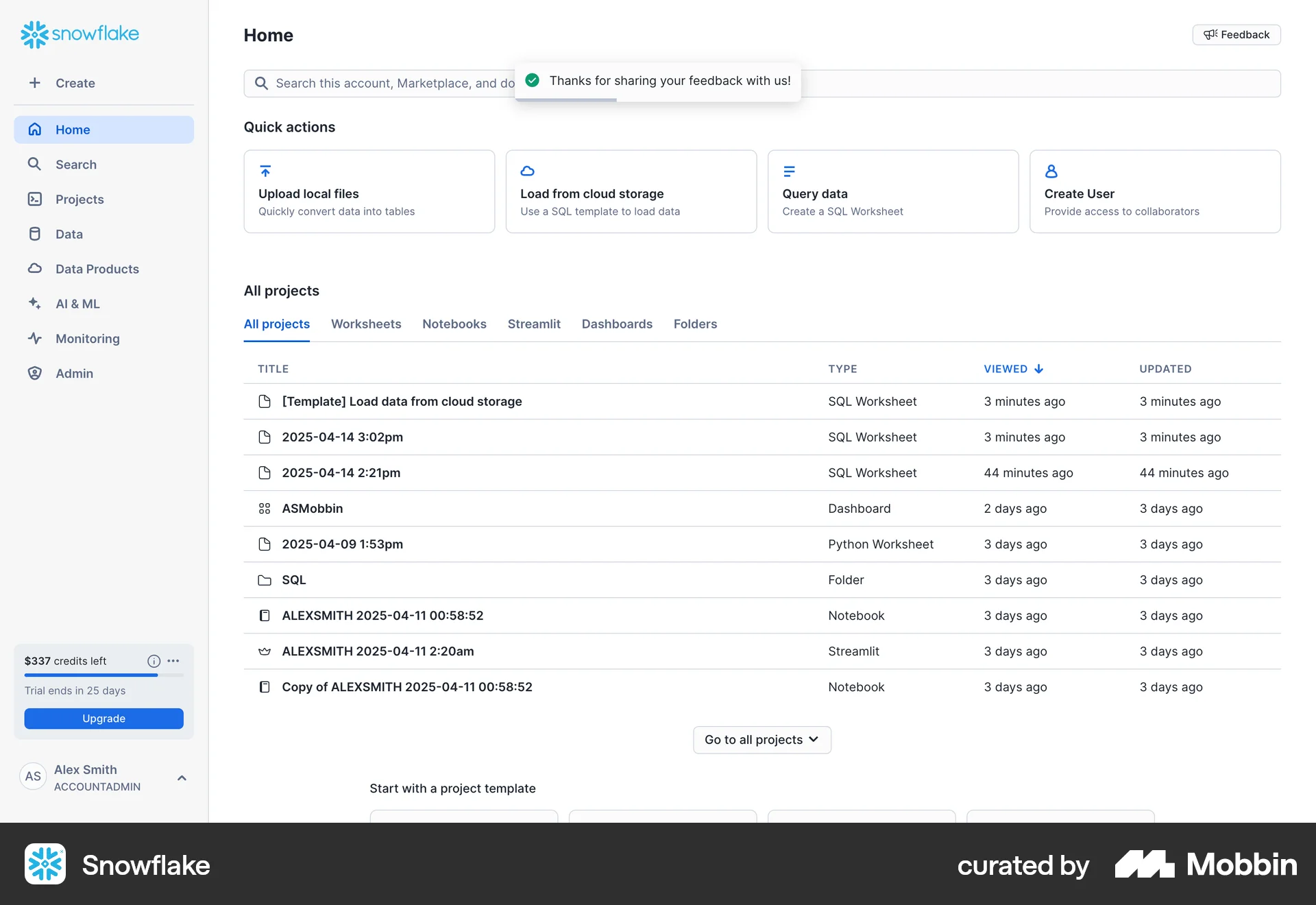 Snowflake Web screen containing Toast UI element