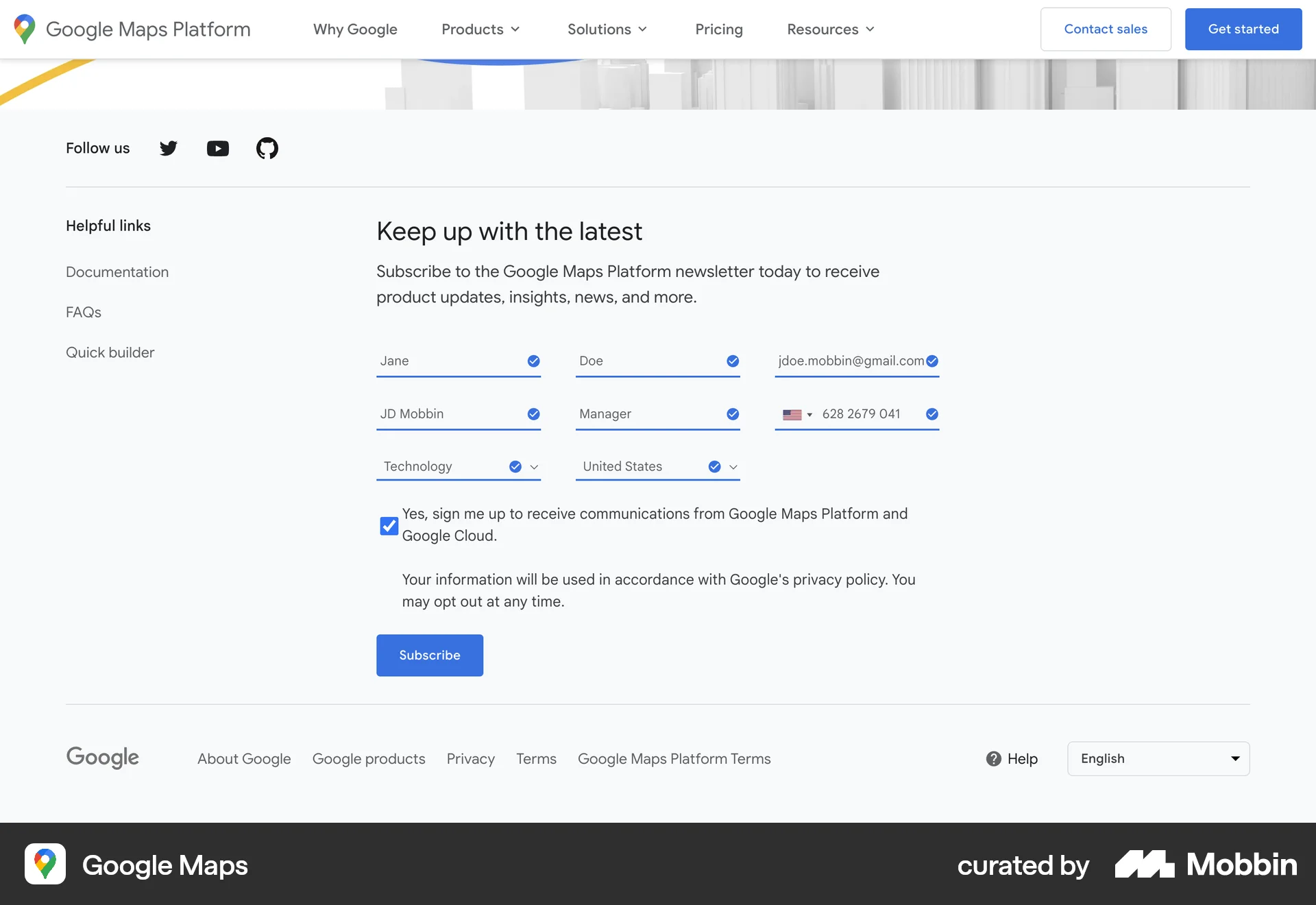 Google Maps Web Follow & Subscribe screen