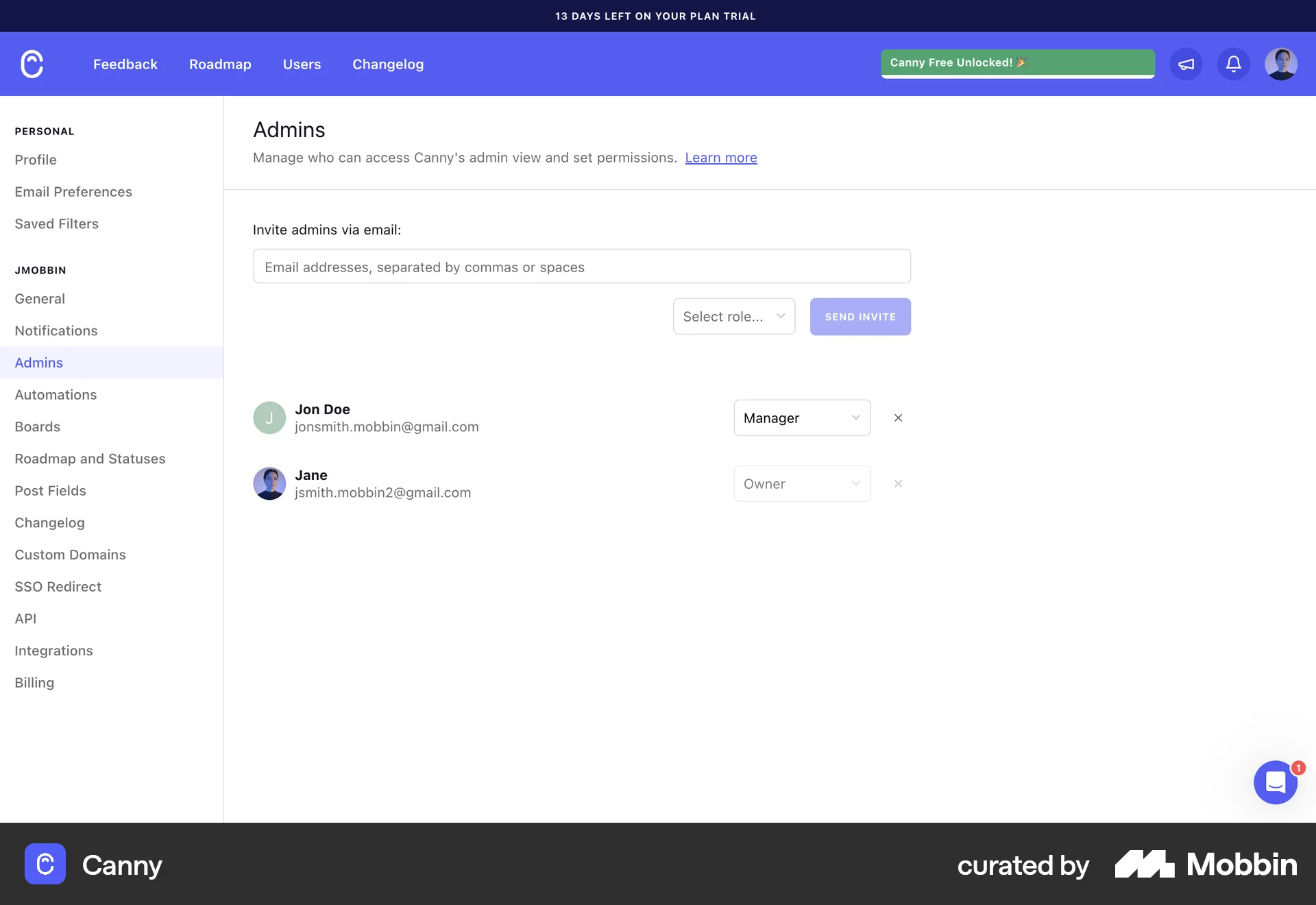 Canny Web Admin UI screen