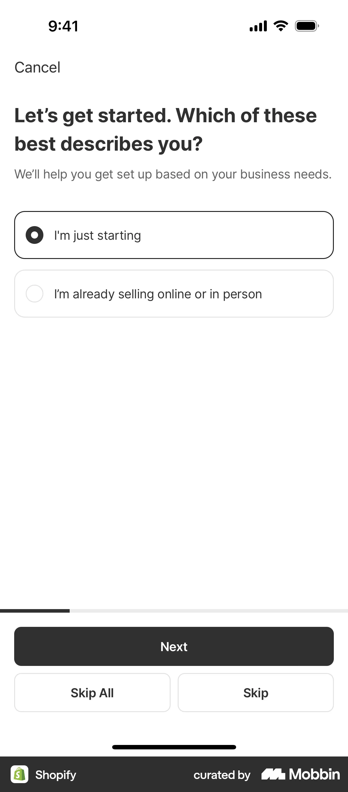 Shopify iOS screen containing Radio Button UI element
