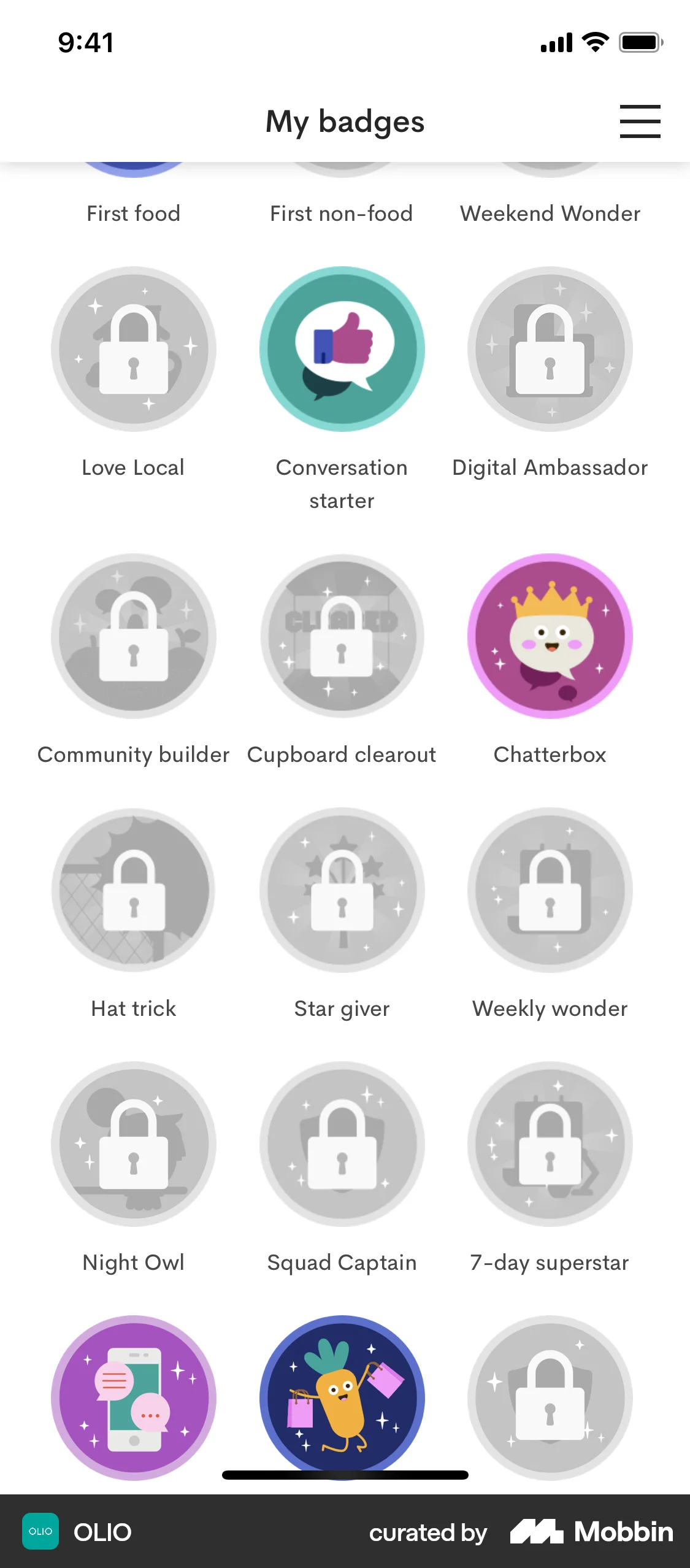 OLIO iOS Achievements & Awards screen