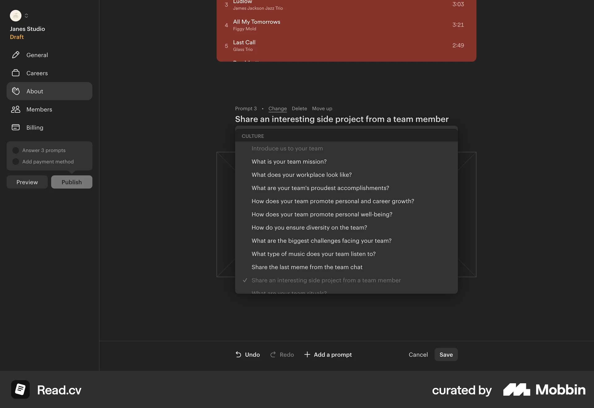 Read.cv Web screen containing Select UI element