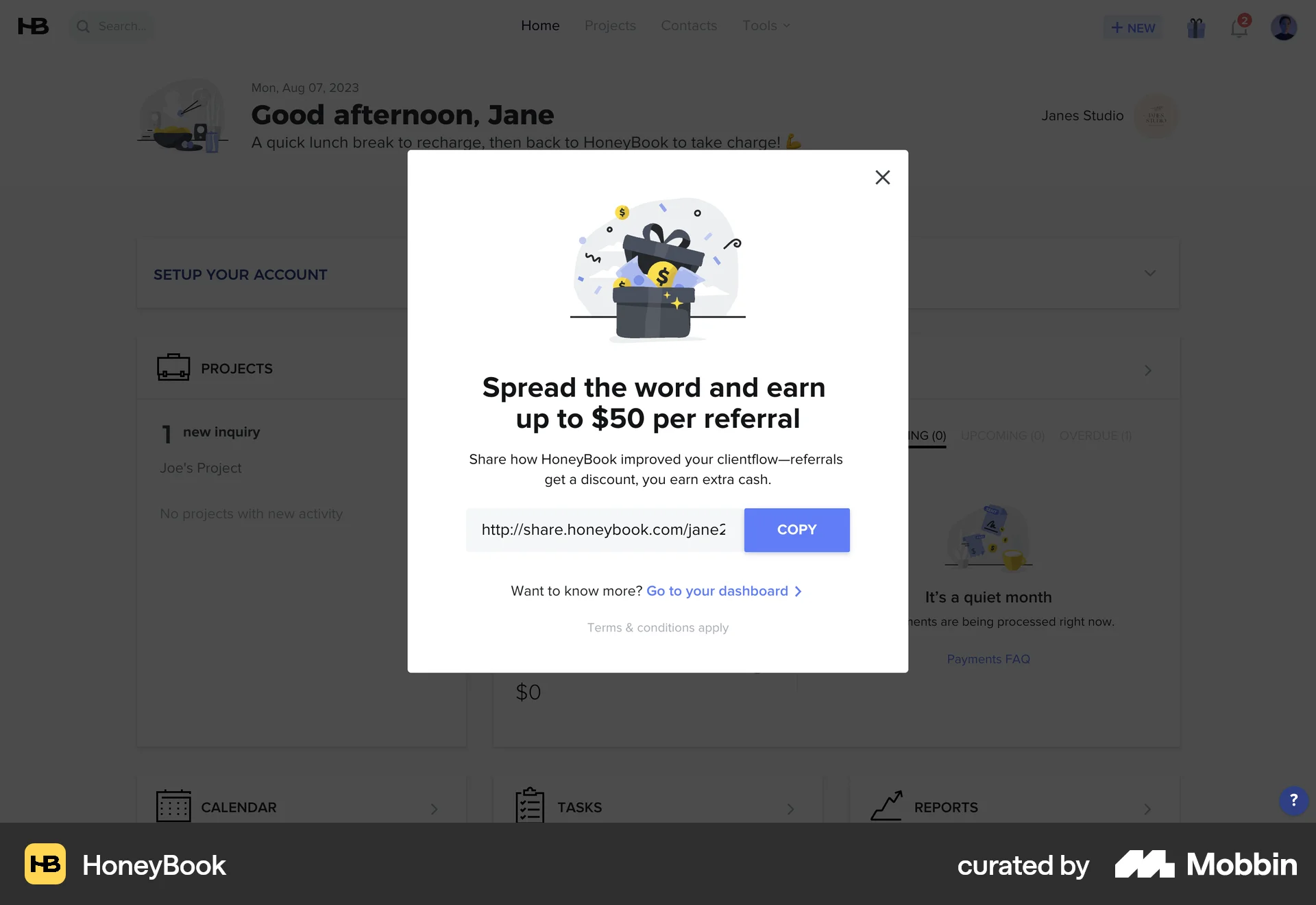 HoneyBook Web Invite & Refer Friends screen