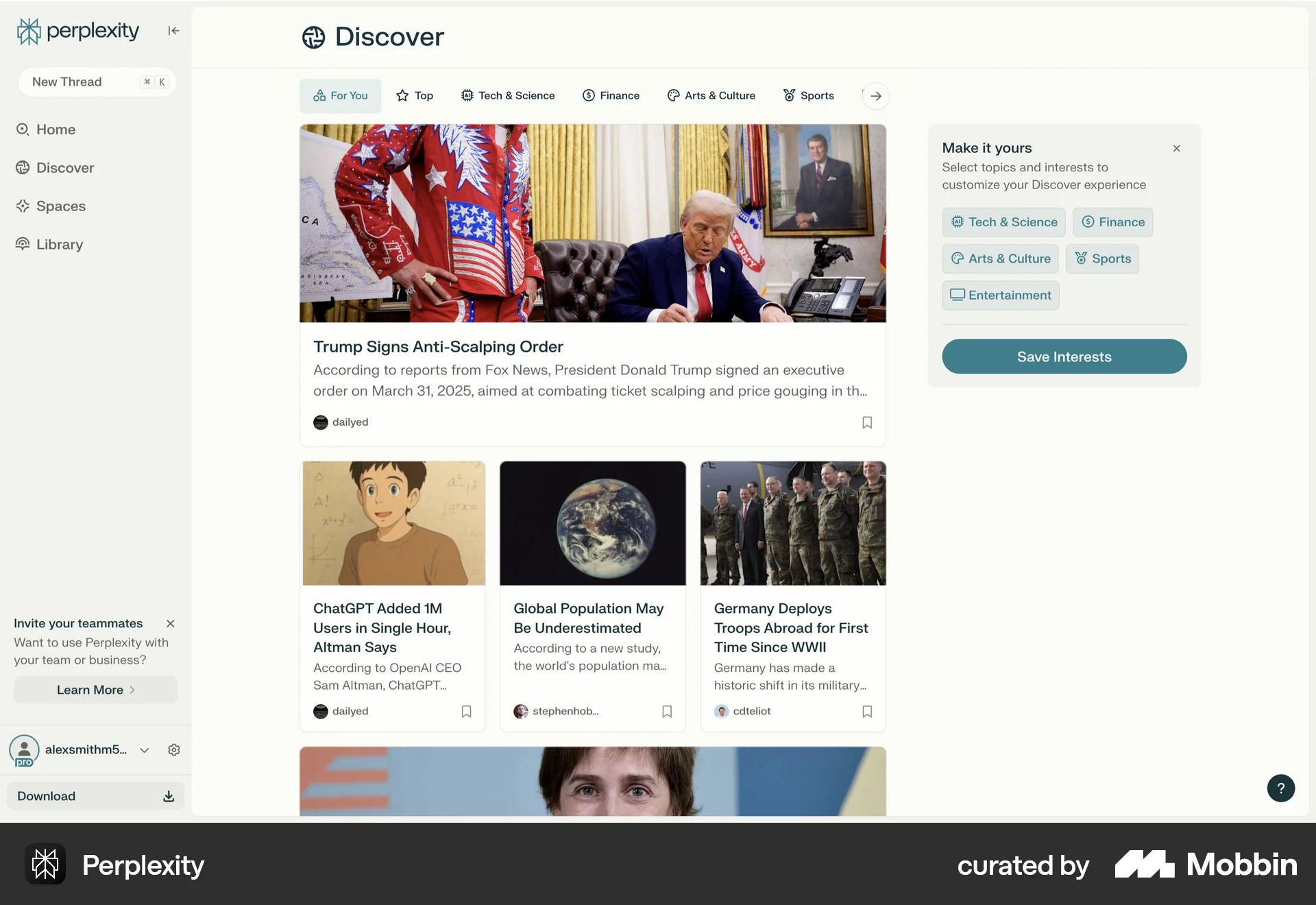 Perplexity Web News Feed screen