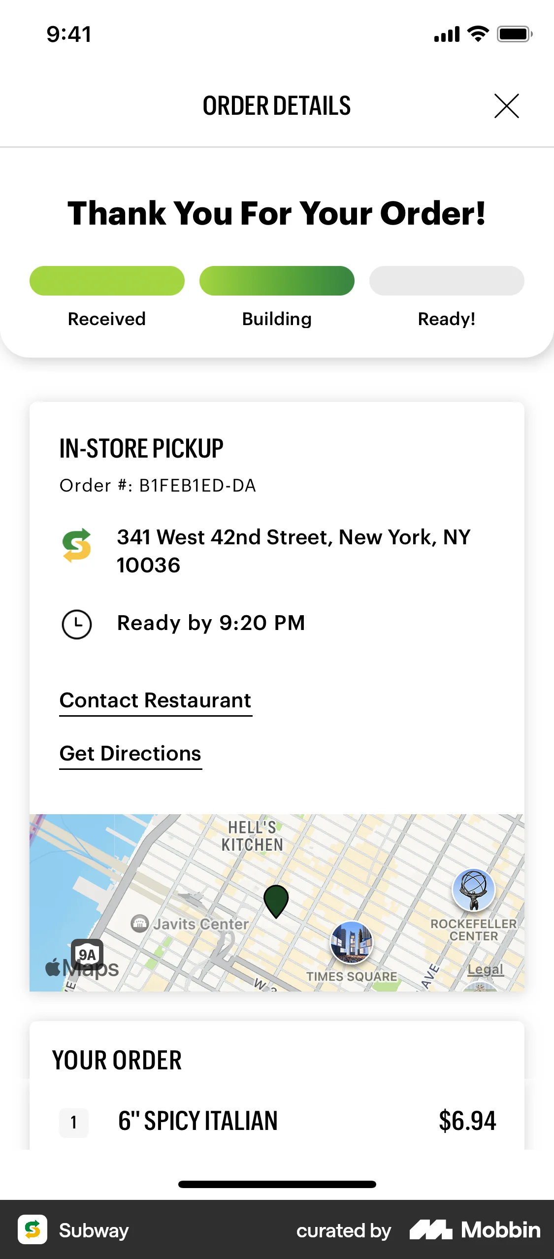 Subway iOS screen containing Full-Screen Overlay UI element