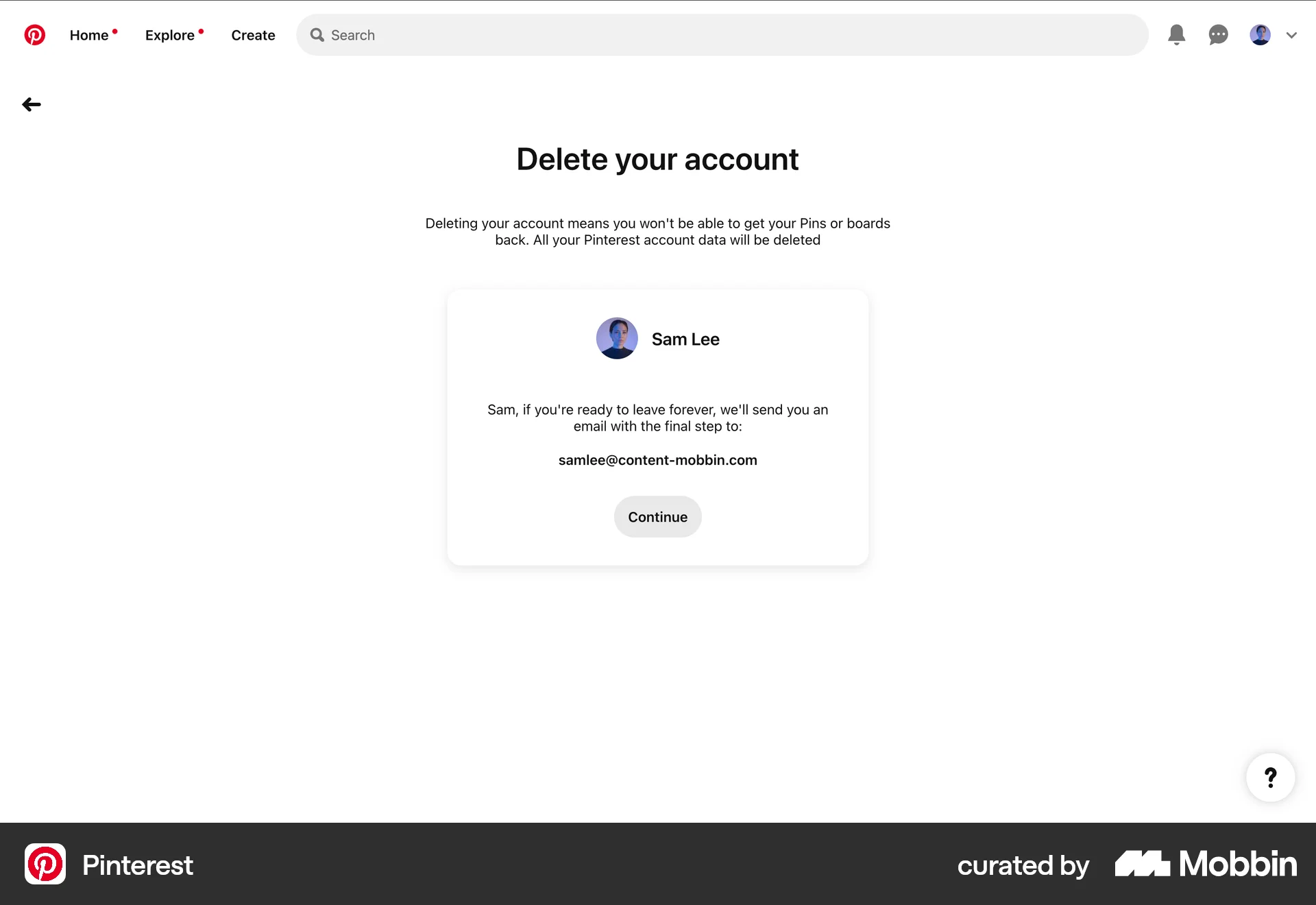 Pinterest Web Delete & Deactivate Account screen