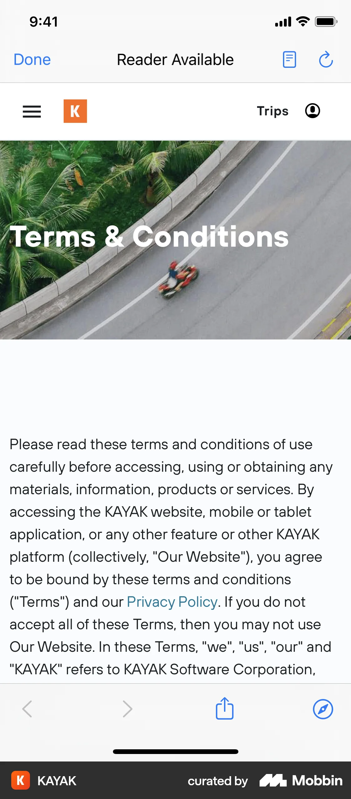 KAYAK iOS Terms & Conditions screen
