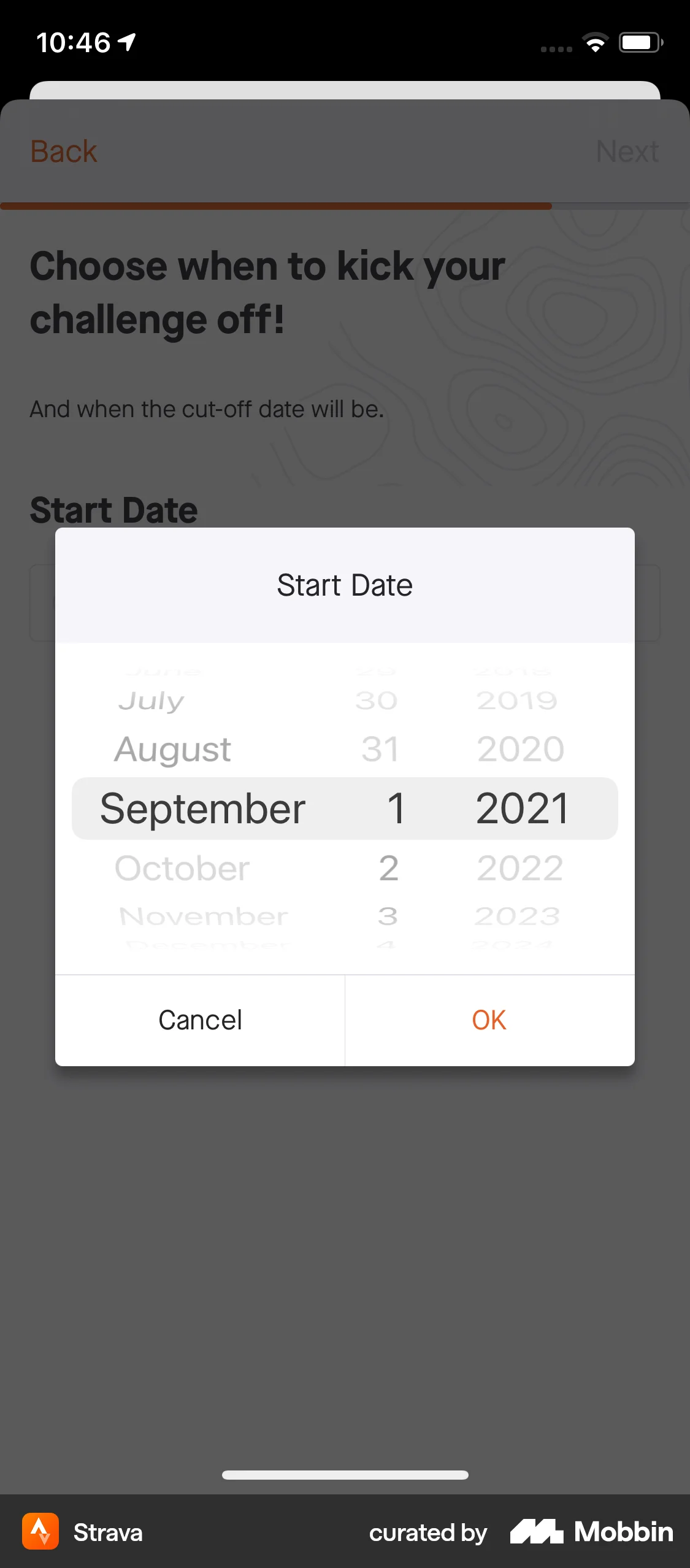 Strava iOS screen containing Date Picker UI element