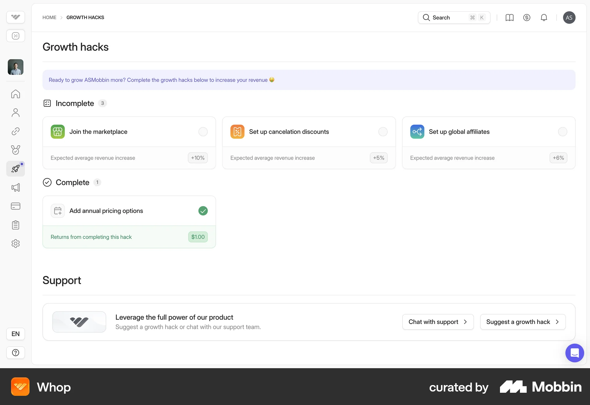 Whop Web Goal & Task screen