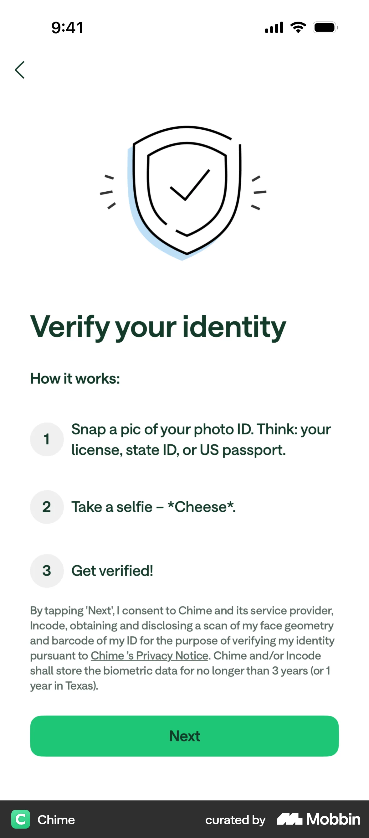 Chime Onboarding screen
