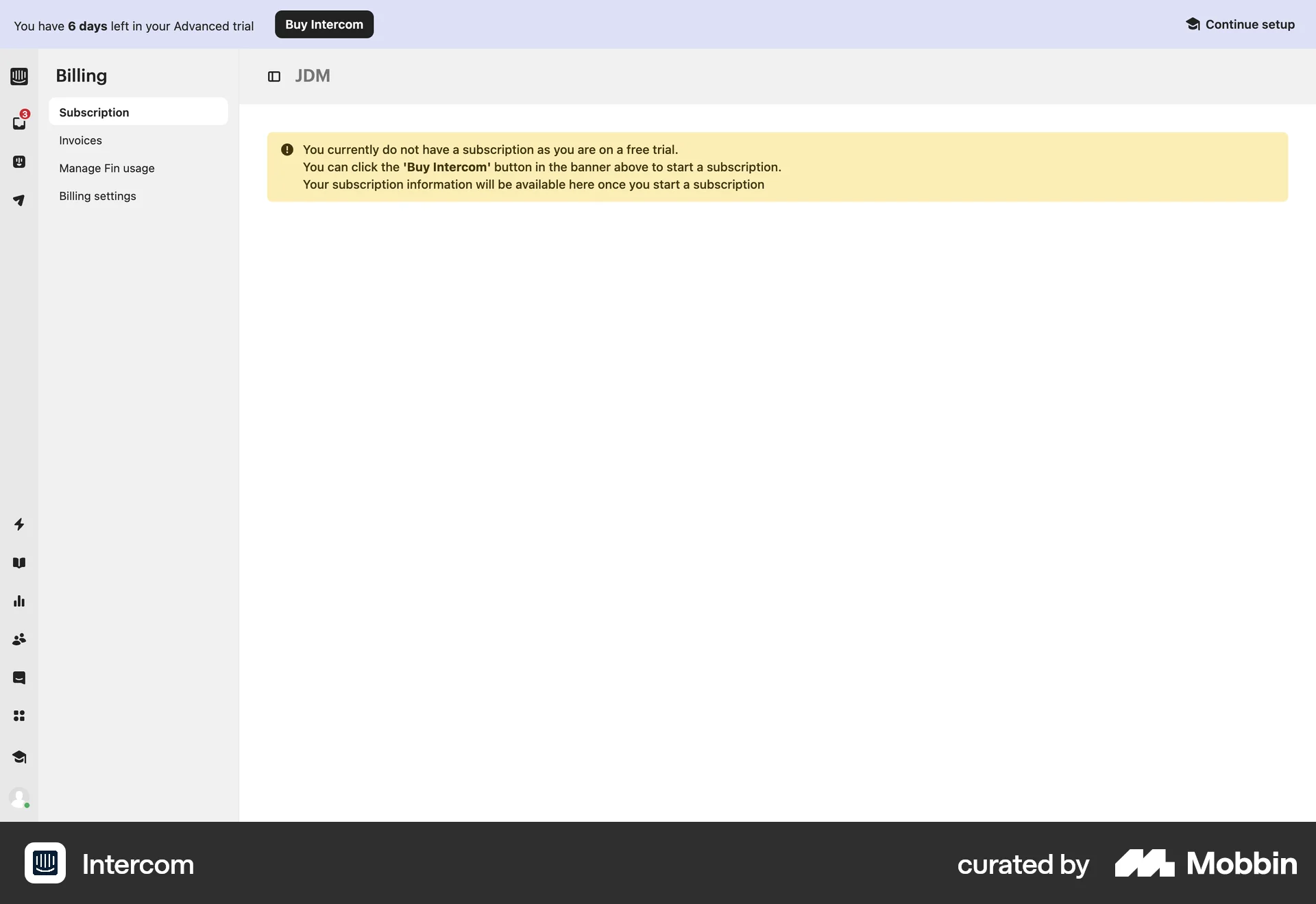 Intercom Web Billing screen