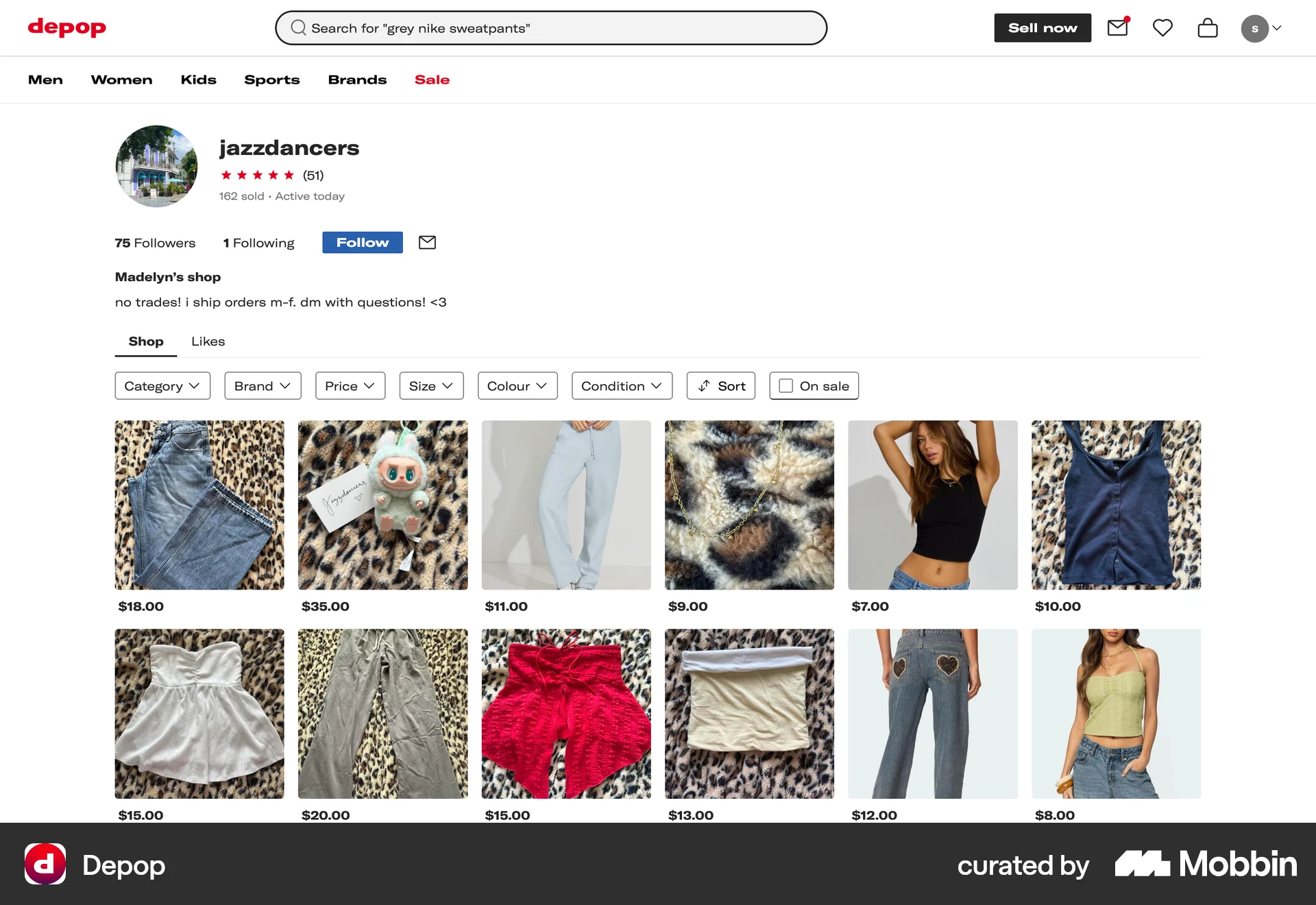 Depop Web User / Group Profile screen