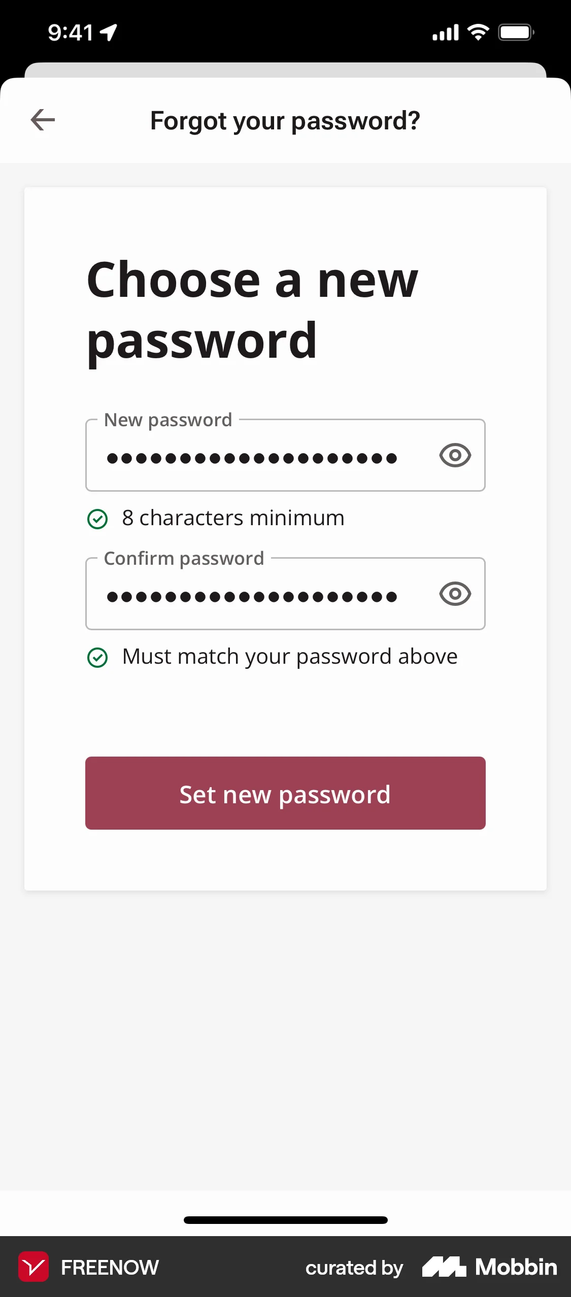 Freenow iOS Forgot Password screen