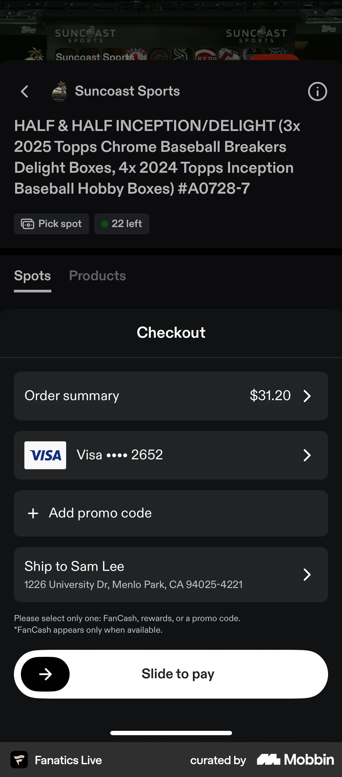 Fanatics Live iOS Checkout screen