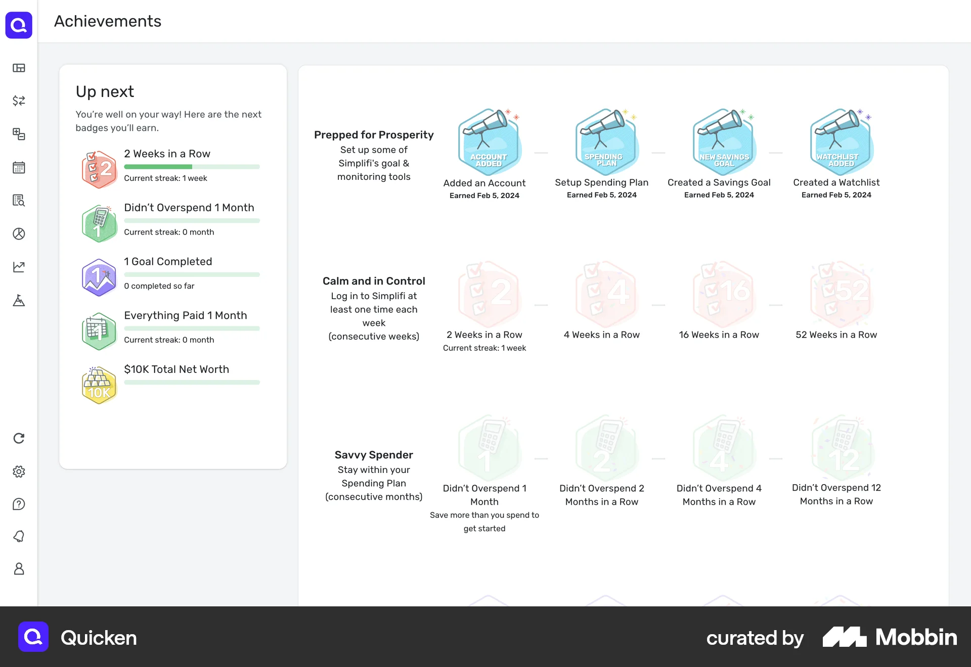 Quicken Web Achievements & Awards screen