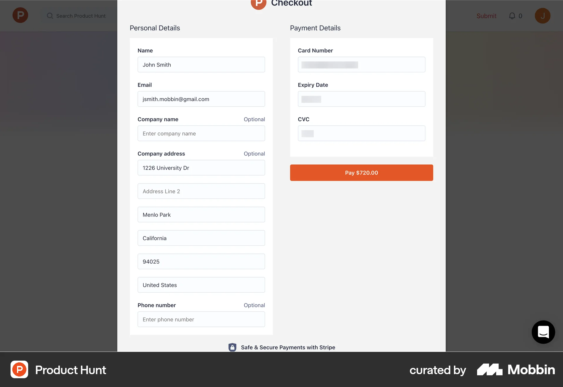 Product Hunt Web Checkout screen