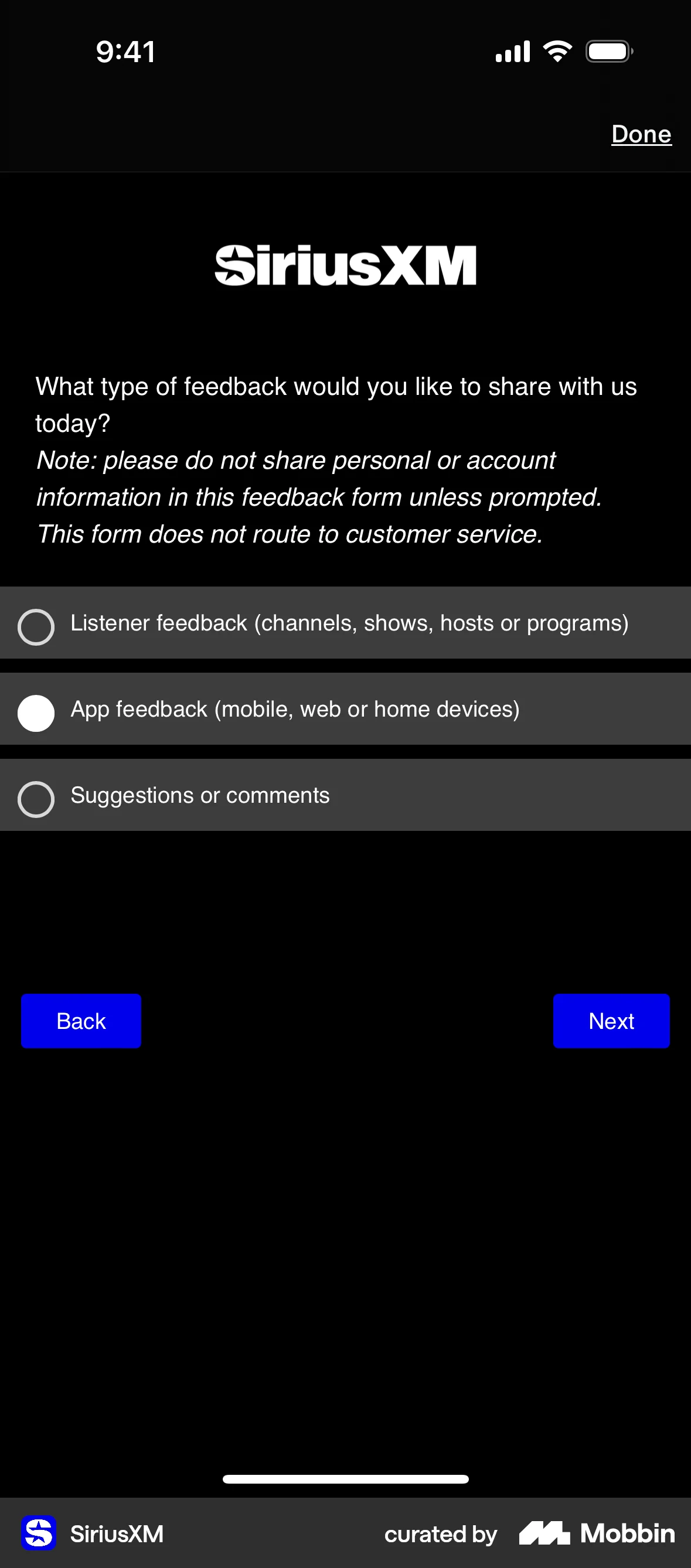 SiriusXM iOS Feedback screen